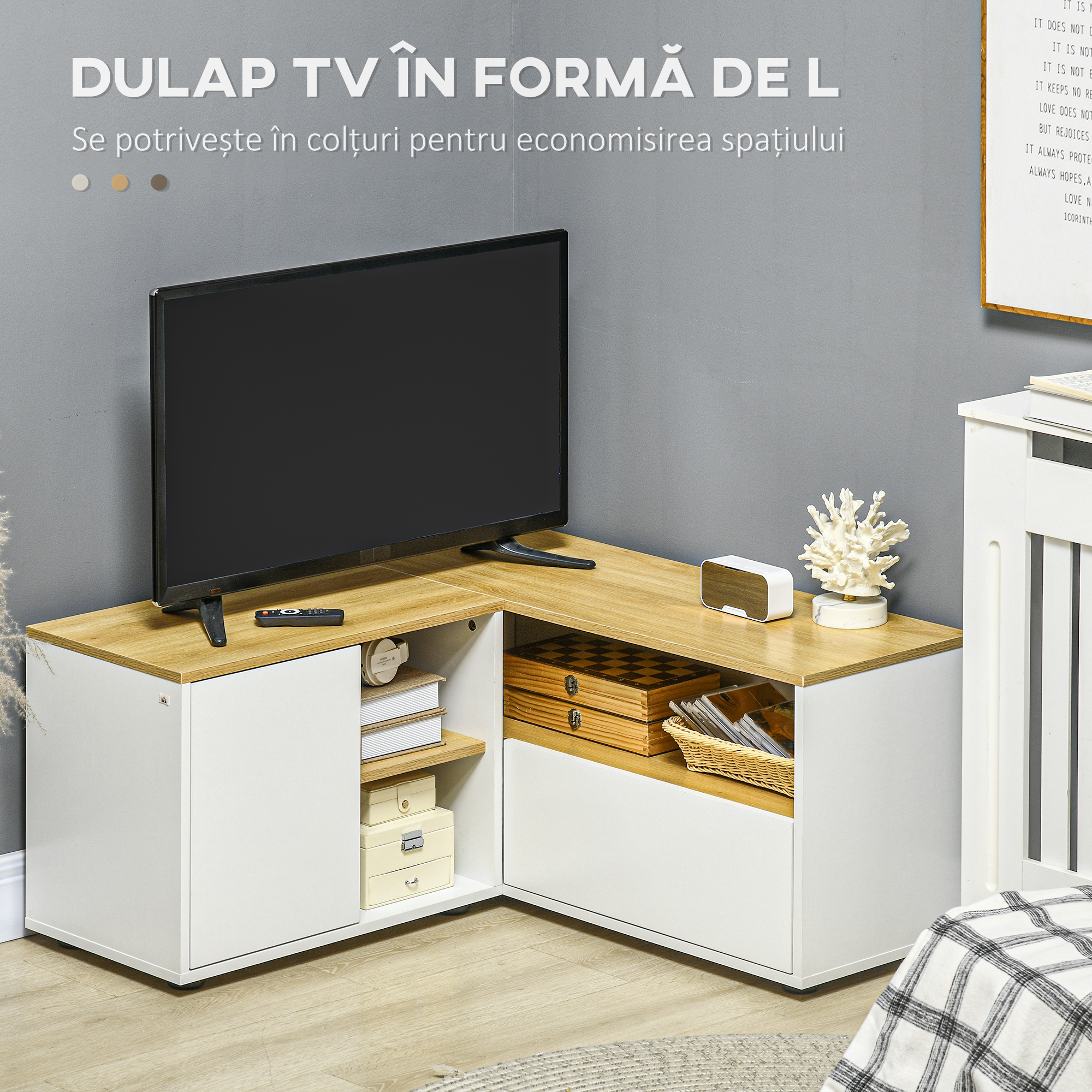  Dulap TV in Forma L - 90×90×45 cm cu Rafturi si Dulapuri [3]