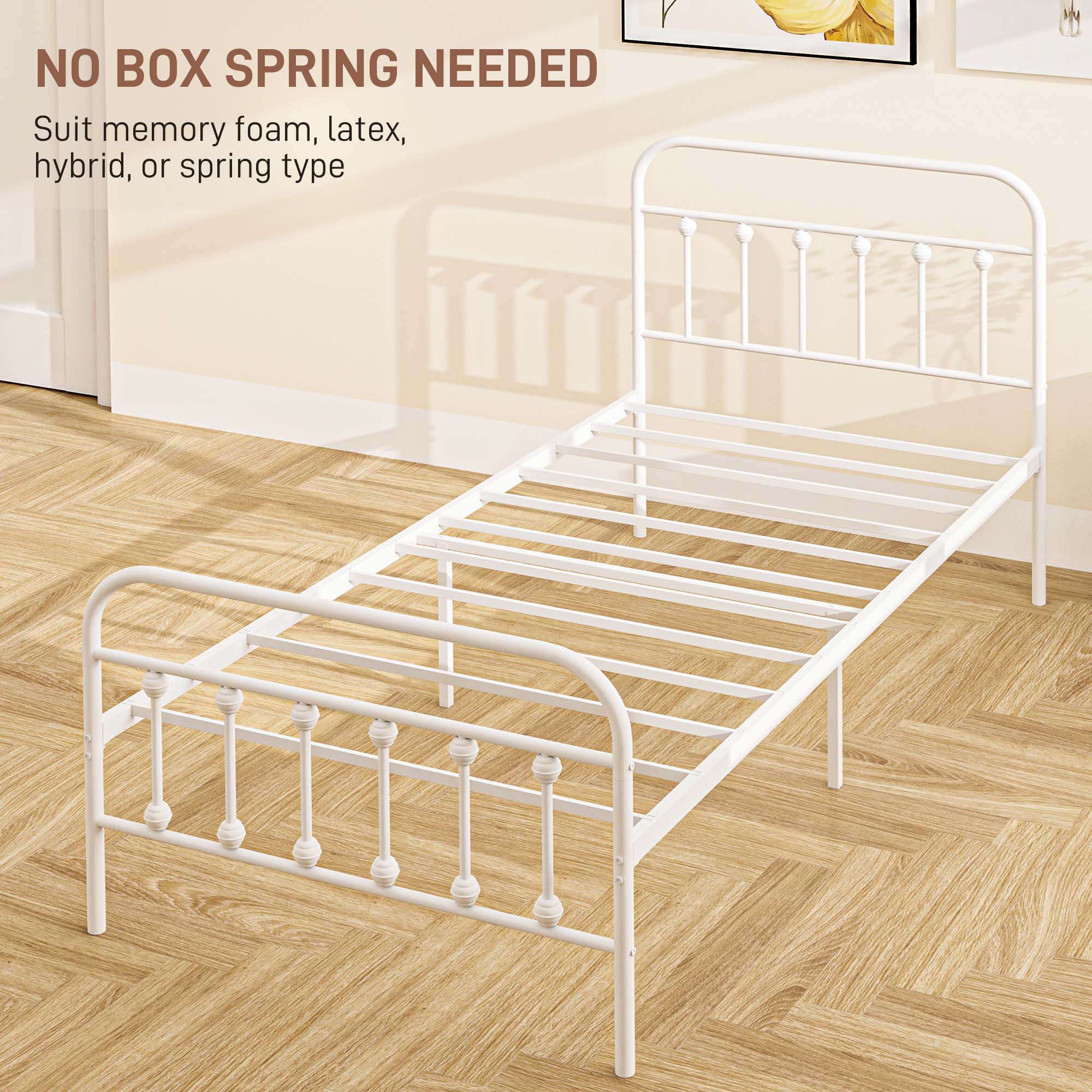 HOMCOM Single Minimalistic Metal Bed Frame White 6
