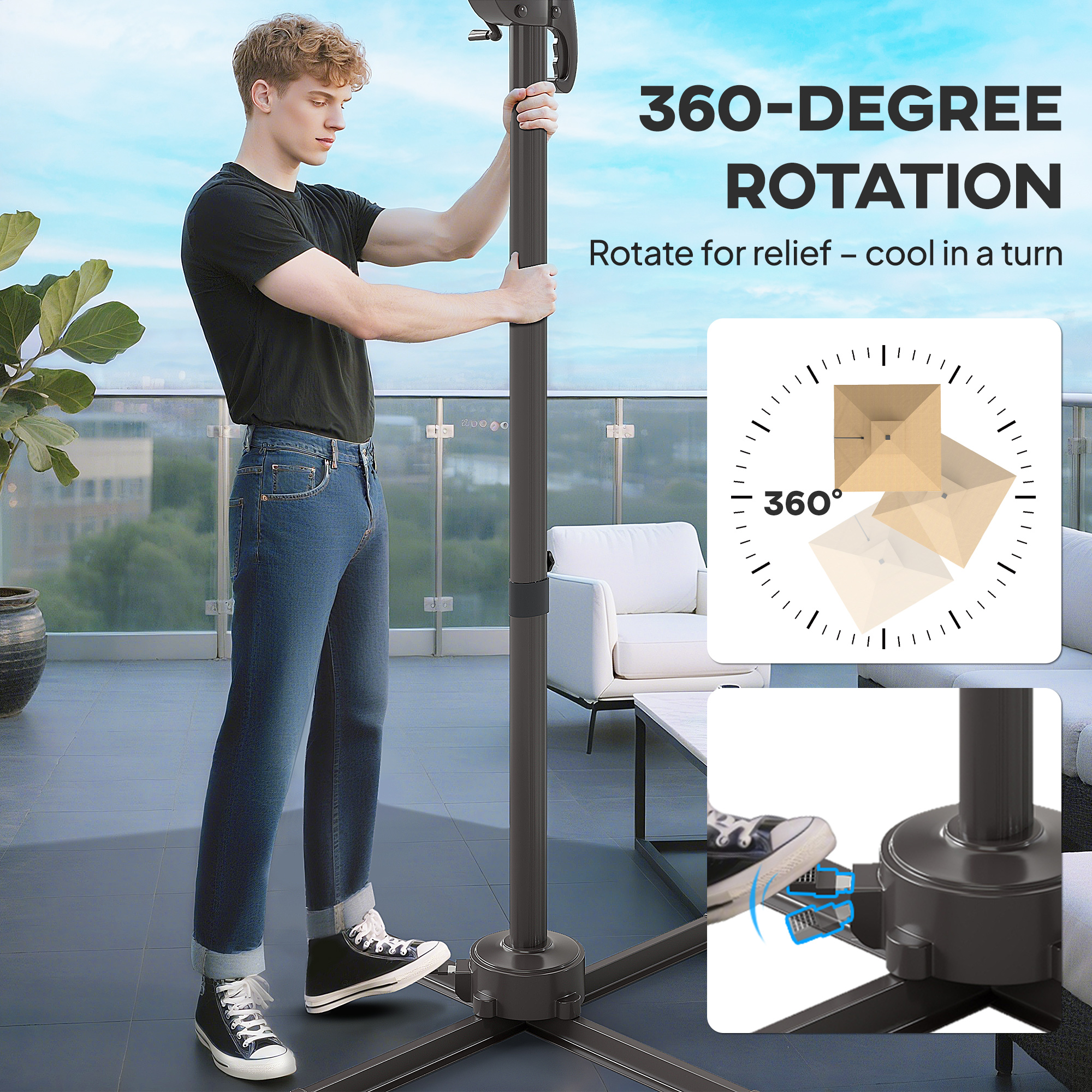 Outsunny 2.5m Cantilever Parasol with Solar Powered LED Lights, 360° Rotation, Tilt Adjustment, Crank Handle, Khaki 8