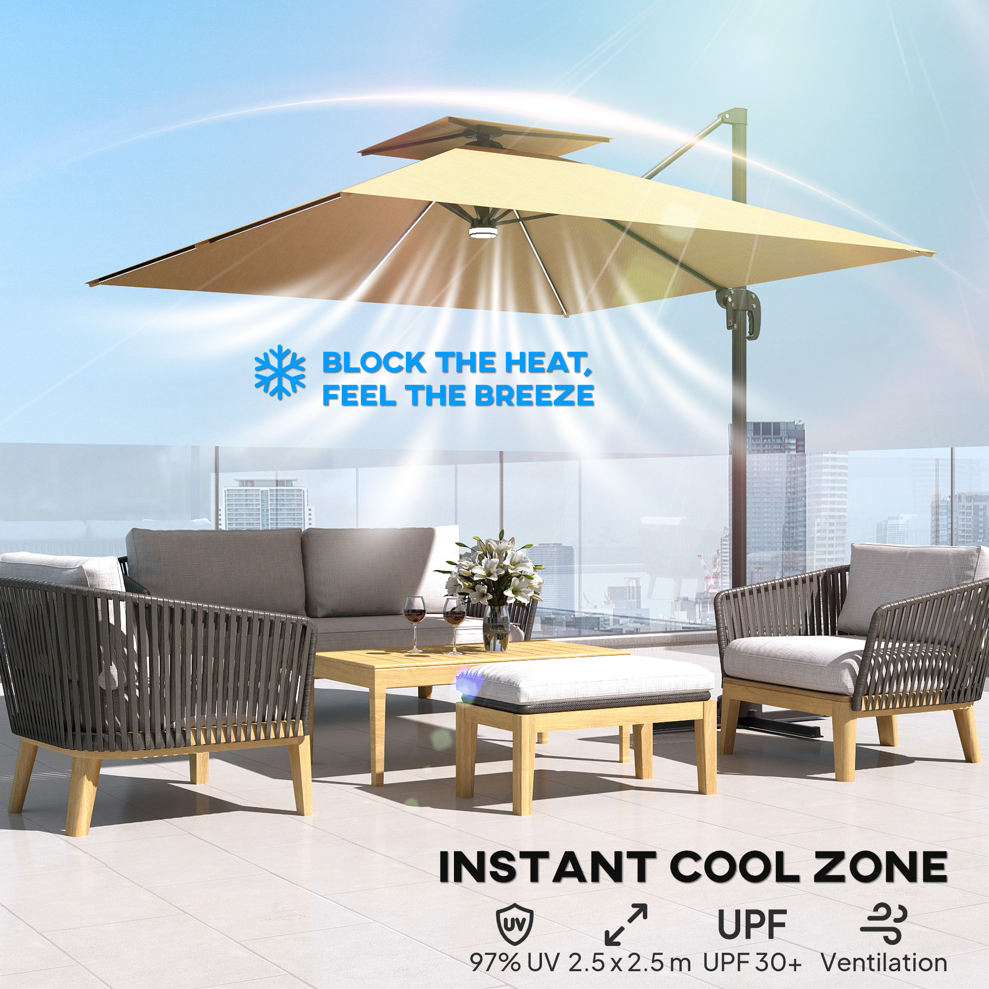 Outsunny 2.5m Cantilever Parasol with Solar Powered LED Lights, 360° Rotation, Tilt Adjustment, Crank Handle, Khaki 5