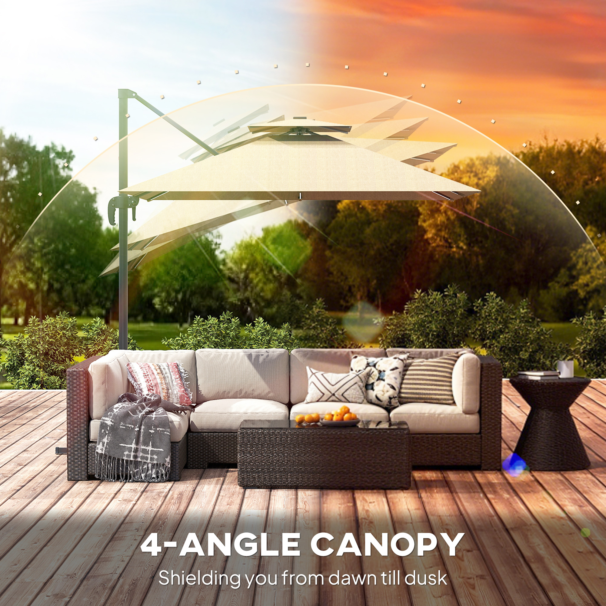 Outsunny 2.5m Cantilever Parasol with Solar Powered LED Lights, 360° Rotation, Tilt Adjustment, Crank Handle, Khaki 7