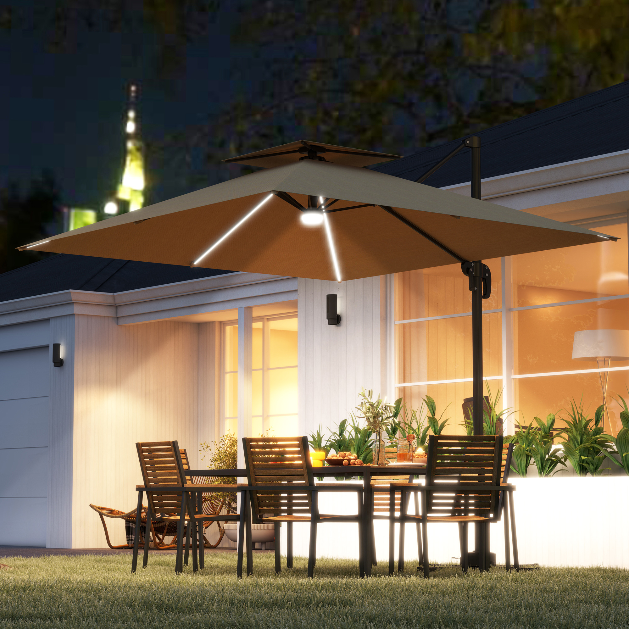 Outsunny 2.5m Cantilever Parasol with Solar Powered LED Lights, 360° Rotation, Tilt Adjustment, Crank Handle, Khaki 2