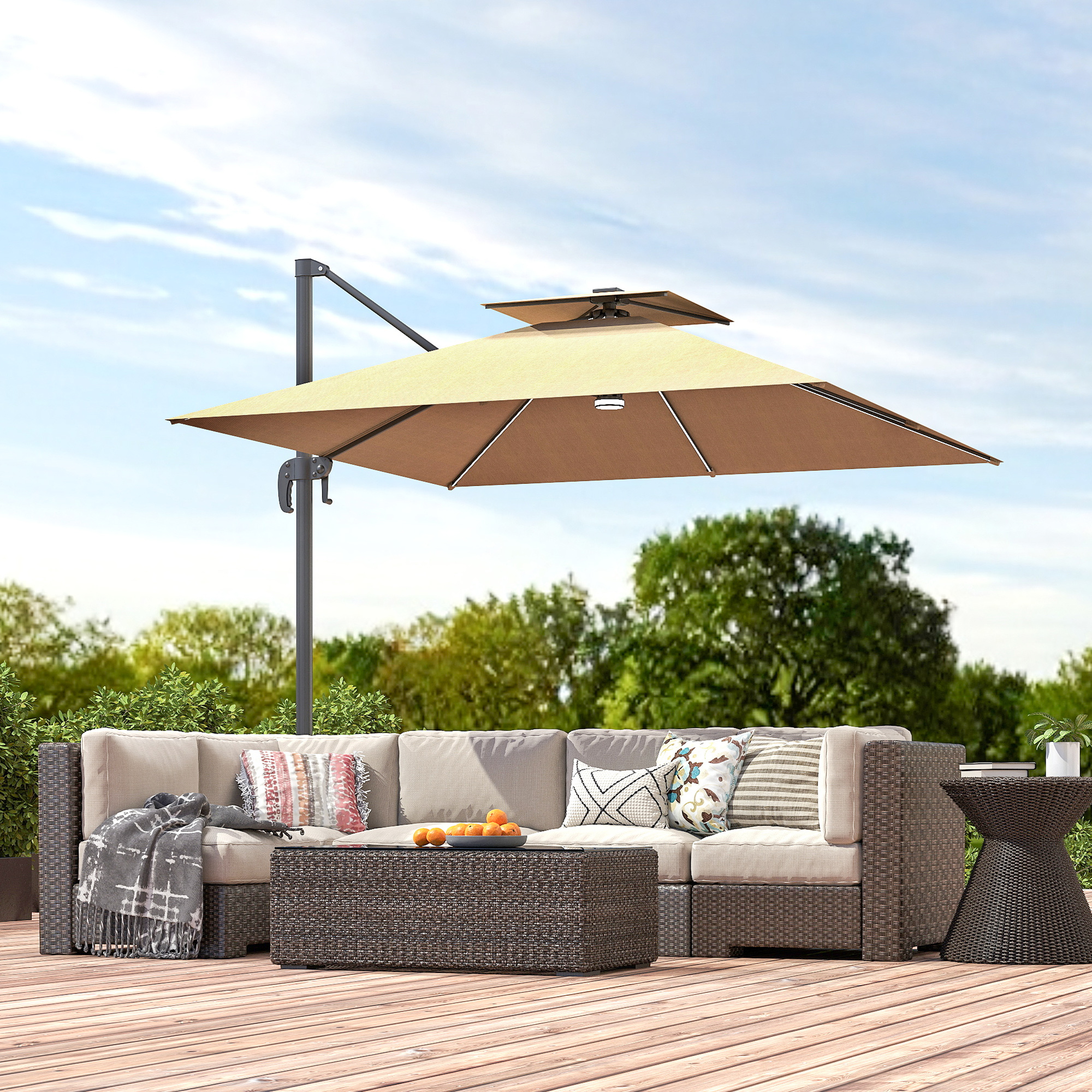 Outsunny 2.5m Cantilever Parasol with Solar Powered LED Lights, 360° Rotation, Tilt Adjustment, Crank Handle, Khaki 9