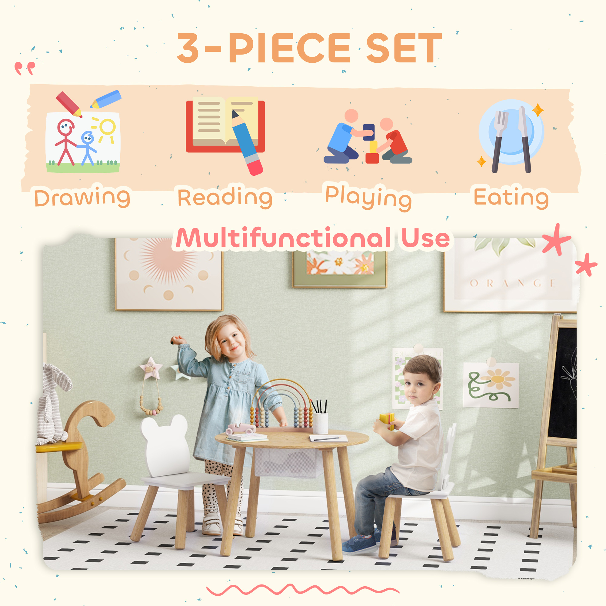 AIYAPLAY 3-Piece Kids Activity Table Set with Centre Mesh Bag, Bear-Shaped Backrest, for Arts and Crafts, Reading, Dining 6
