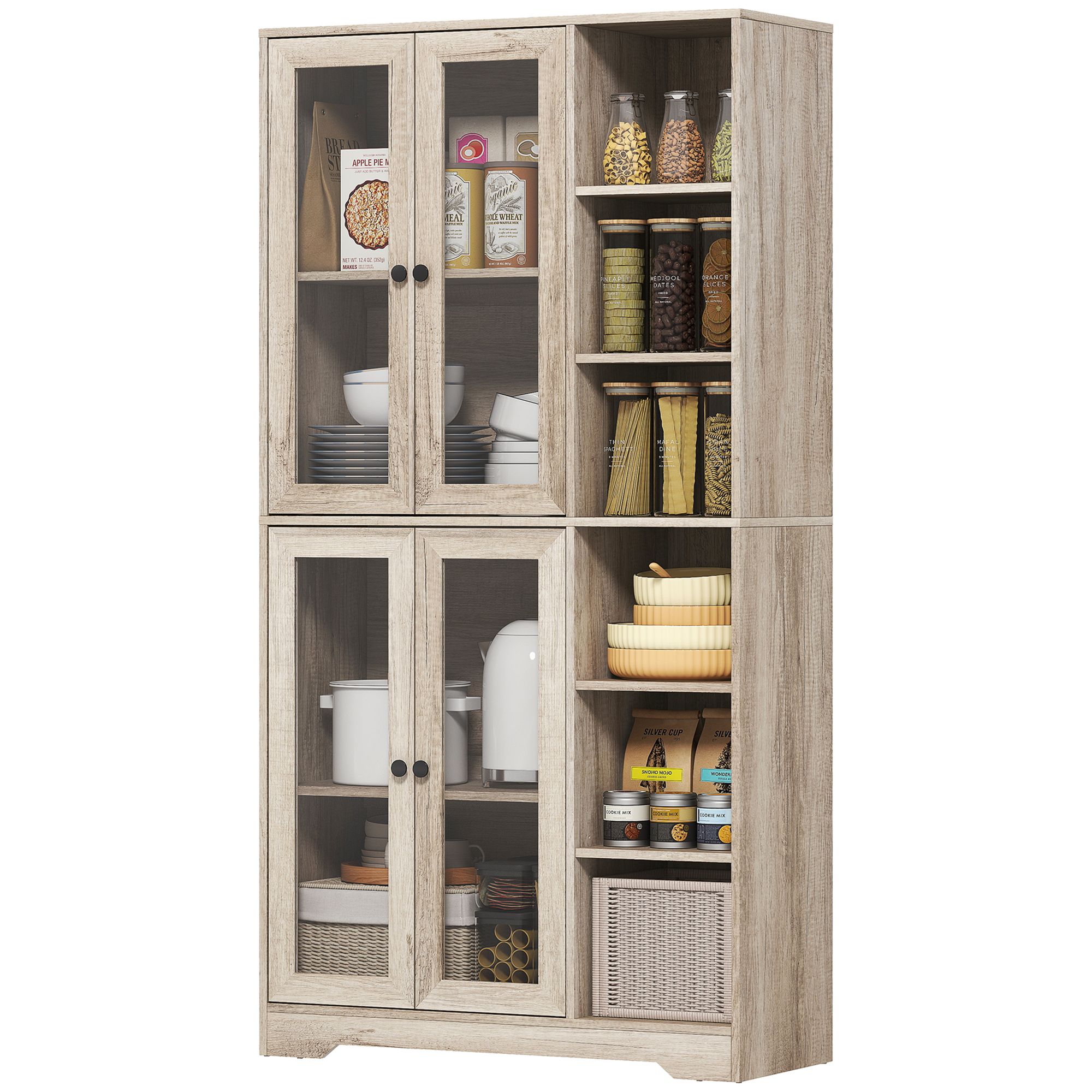 HOMCOM Buffet de Cuisine avec Vitrines avec 4 Portes Fermeture Douce et Étagères Ajustables, 90x35x172 cm Gris Clair