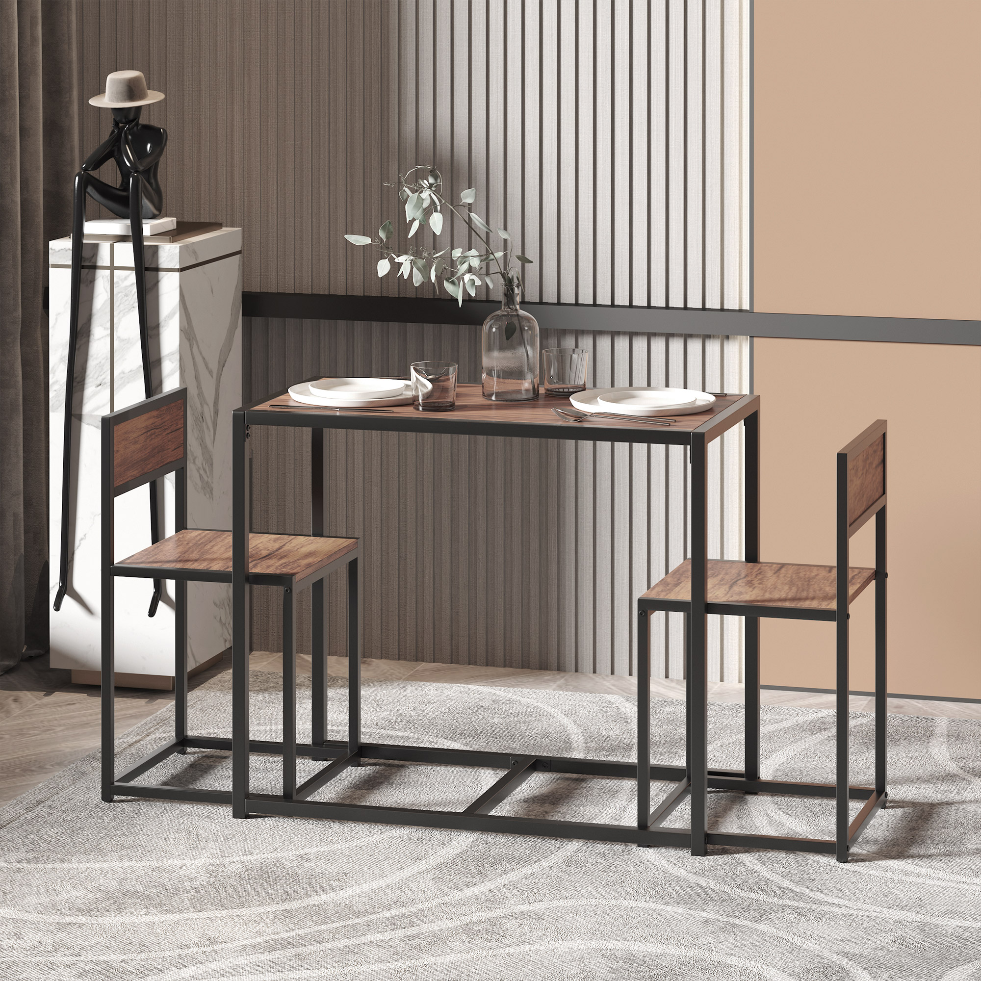 3-osaline baarilaua komplekt, kõrge laua komplekt, 3-osaline, 2 tooli, 1 laud, 90 cm x 47 cm x 76 cm, pruun + must