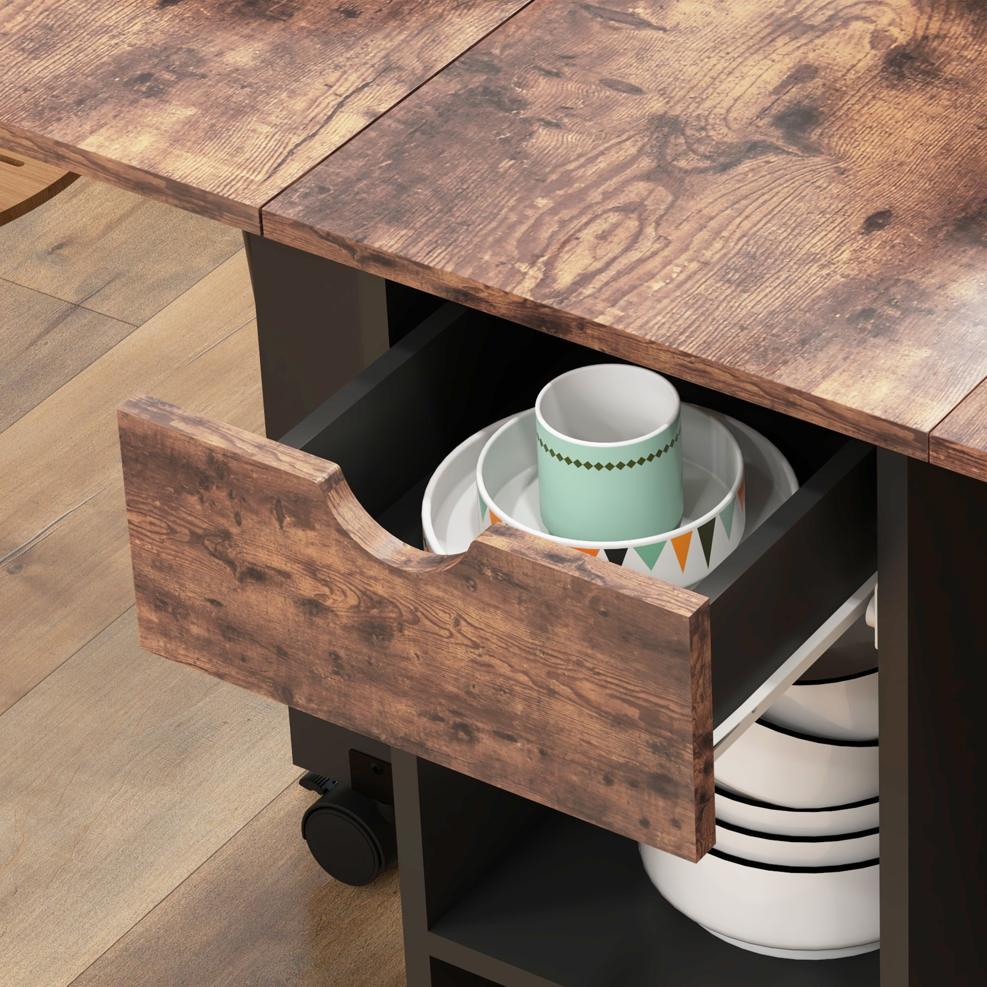 HOMCOM Folding Dining Table, Drop Leaf Table for Small Spaces, Foldable Table with Drawer and Storage Shelves for Kitchen, Dining Room, Rustic Brown 9