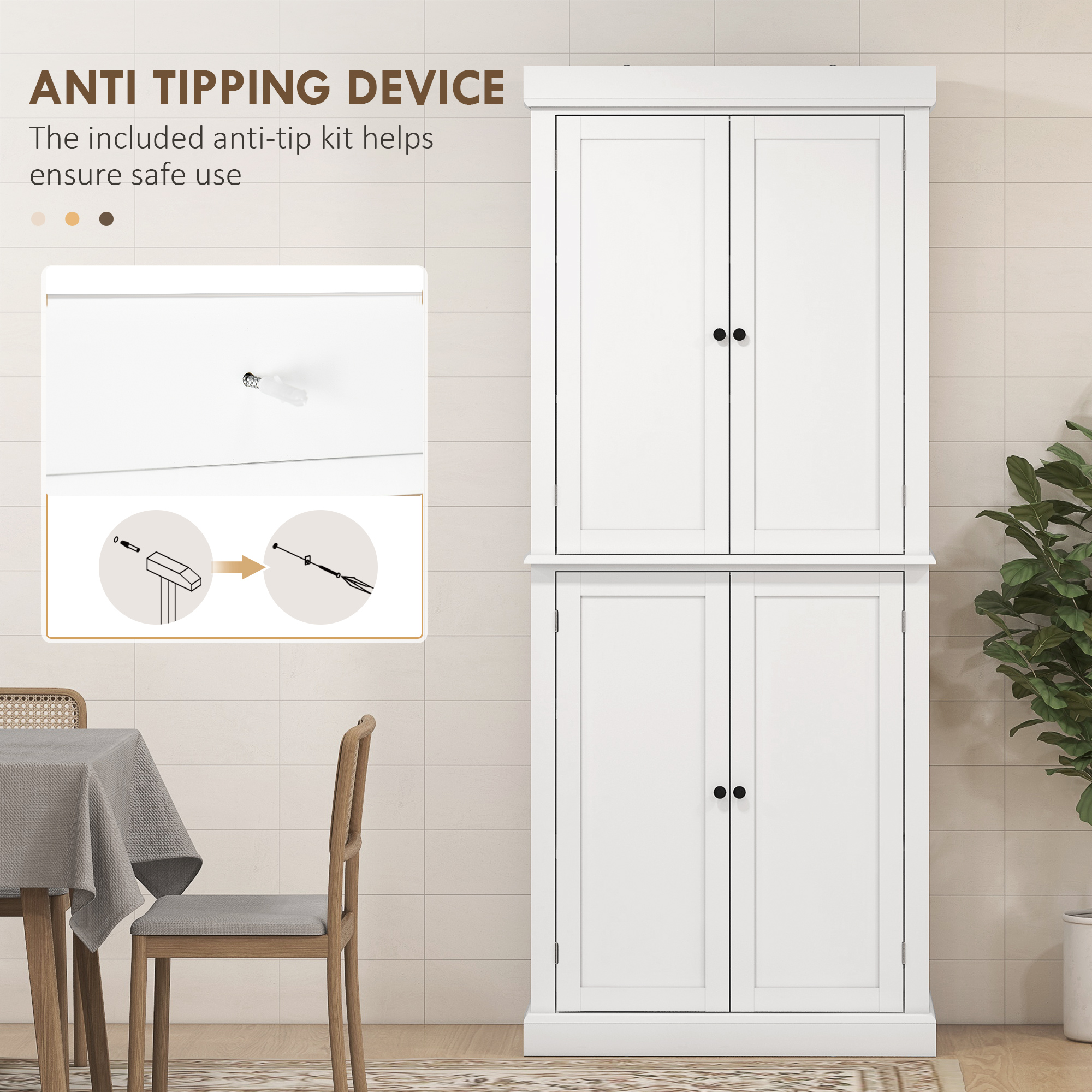 HOMCOM Freestanding Kitchen Cupboard with 4 Doors, Storage Cabinet with 6-Tier Shelving and 4 Adjustable Shelves, White 6