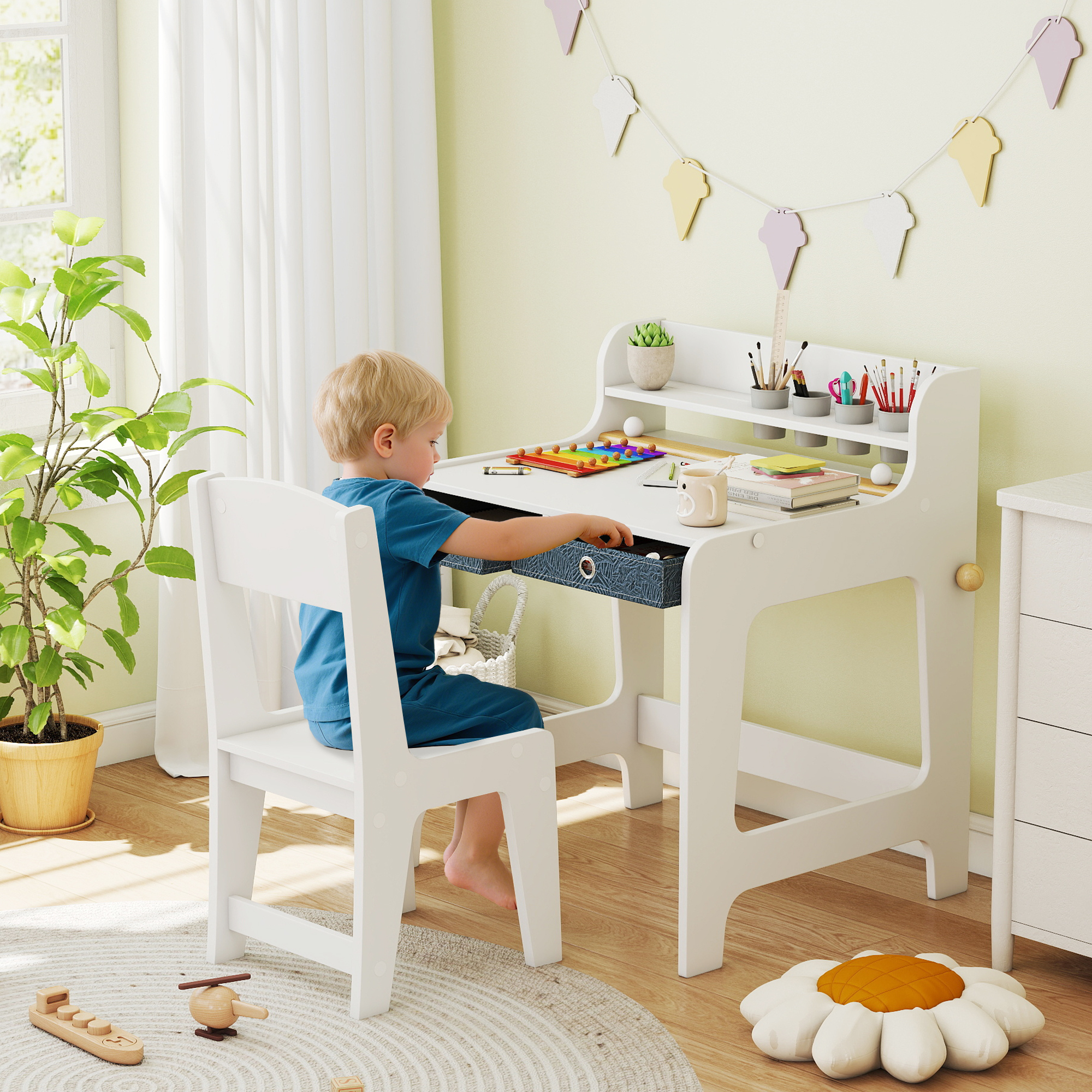 AIYAPLAY Kinderschreibtisch mit Stuhl – Ablage, 2 Schubladen & Becherhalter günstig online kaufen