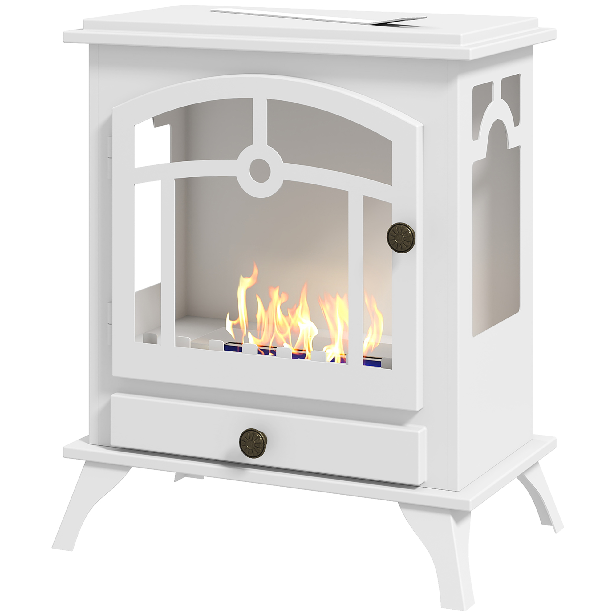HOMCOM Cheminée au bioéthanol sur pied 1,2 L - Style poêle traditionnel, flamme réelle, 3 h, blanc