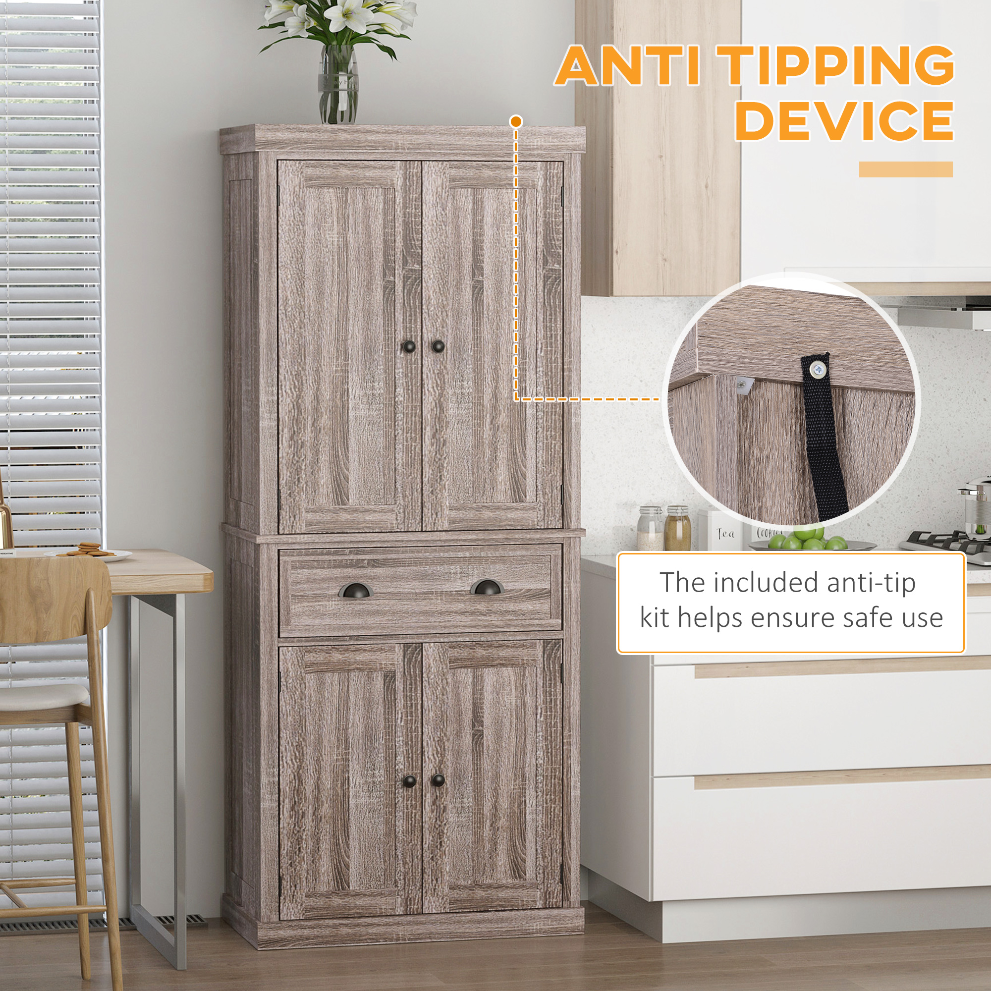 HOMCOM Freestanding Kitchen Cupboard, 184cm Tall Storage Cabinet with Doors and Shelves, Traditional Colonial 4-Door Kitchen Pantry Cupboard with Drawer, Dark Wood Grain 6