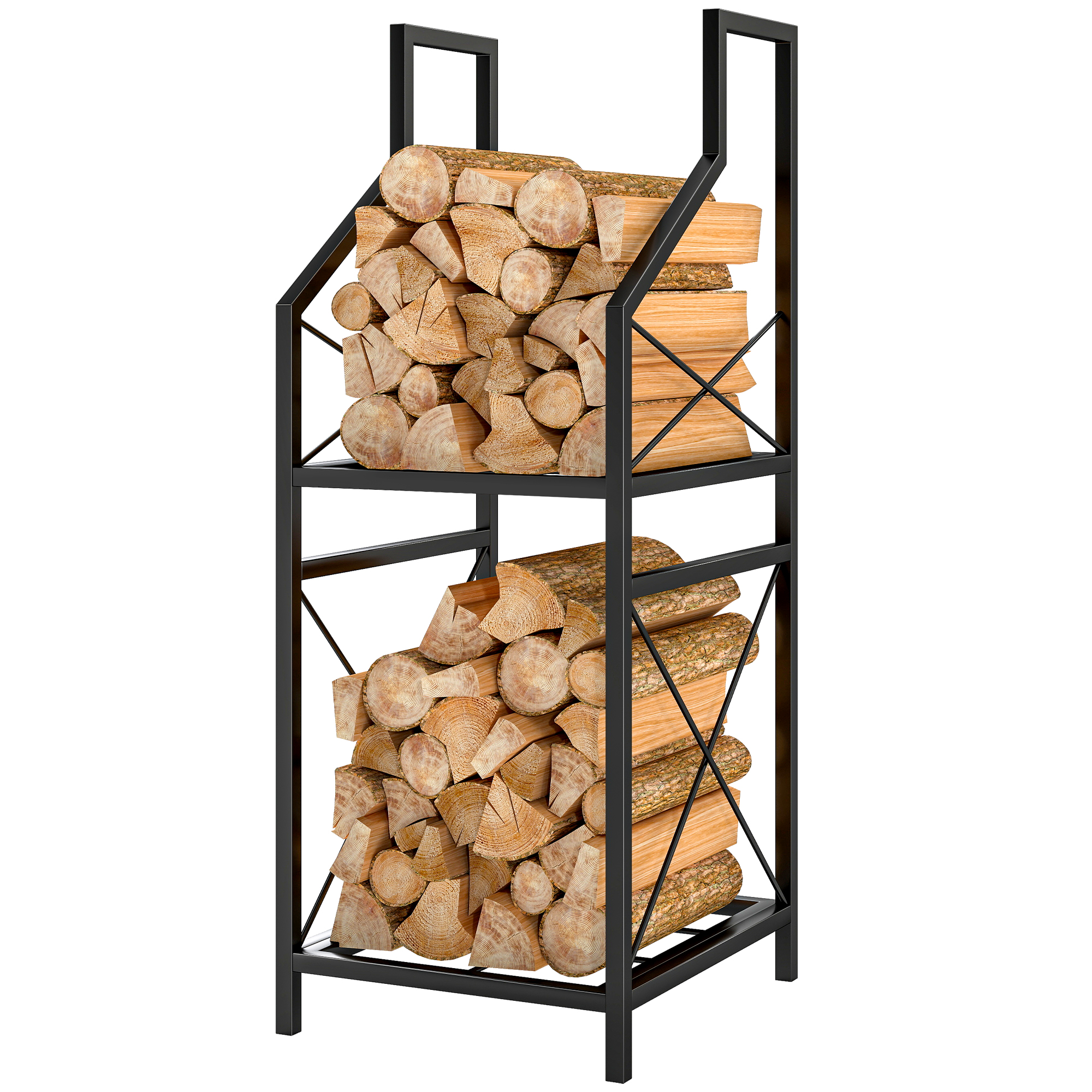Outsunny Porte-bûches 2 niveaux en métal – Base surélevée, 34×30×80 cm, Noir