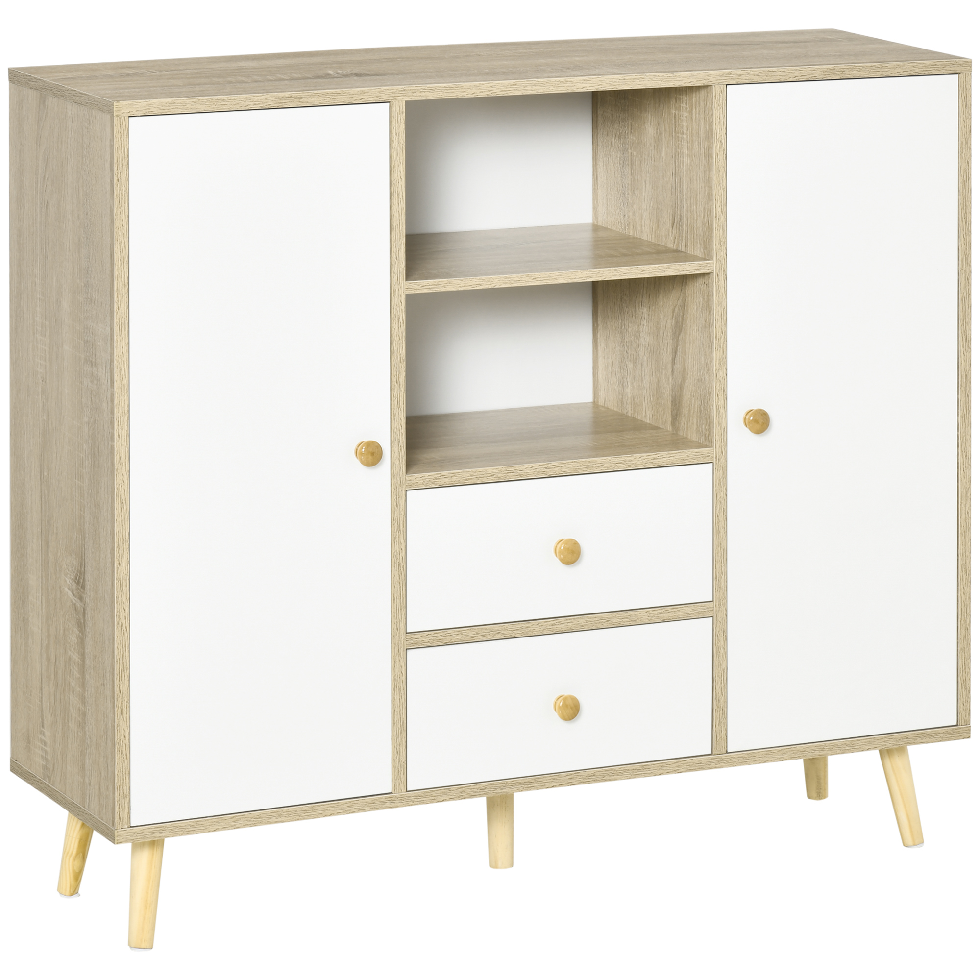 HOMCOM Aparador de Salón con 2 Puertas 2 Cajones y 2 Estantes Abiertos Mueble Auxiliar de Almacenaje para Recibidor 100x30x85 cm Blanco | Aosom España
