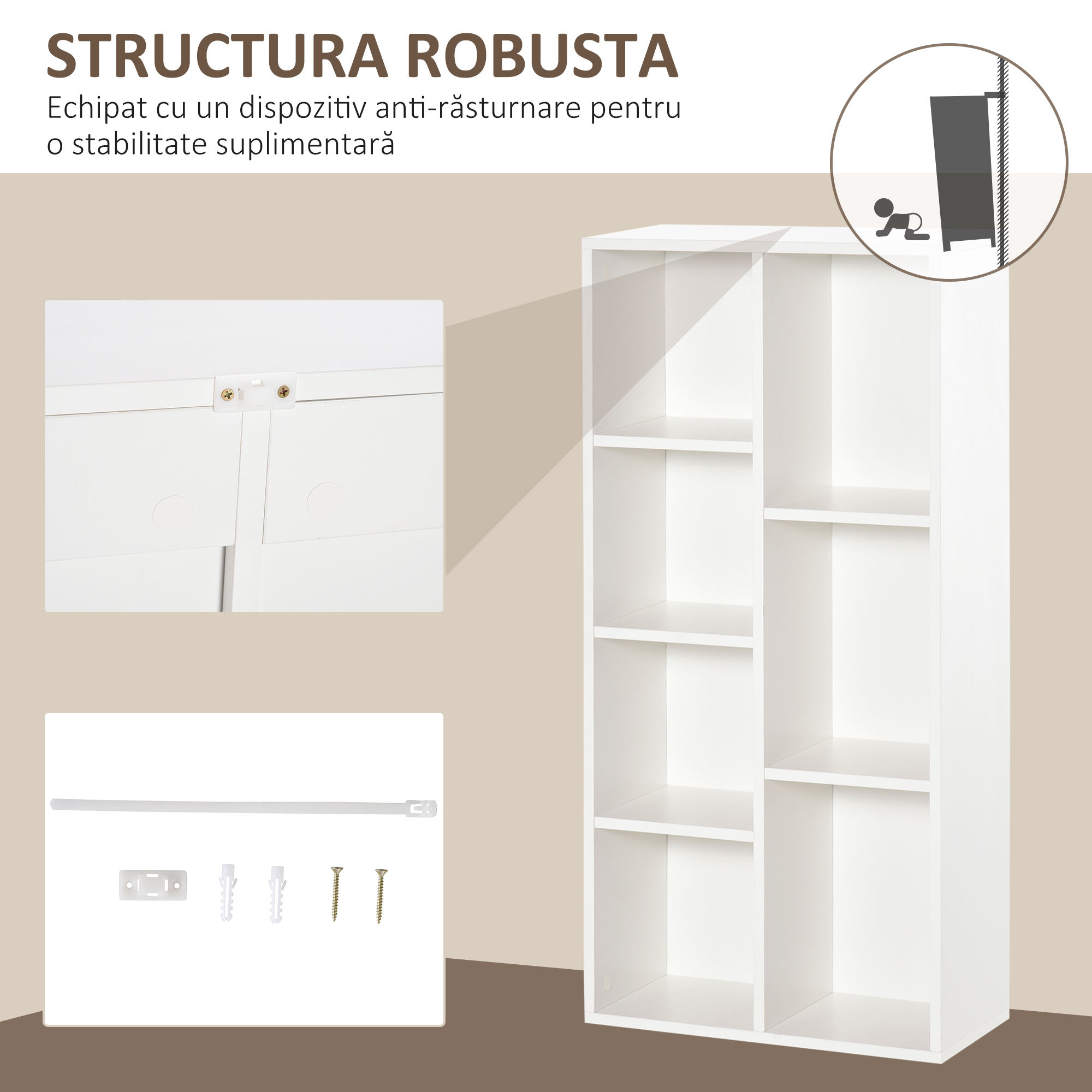  Biblioteca din Lem Stil Vintage Cubica cu 7 Suporturi Diferite din MDF pentru Casa si Birou, 50x24x106 cm, Alb [5]