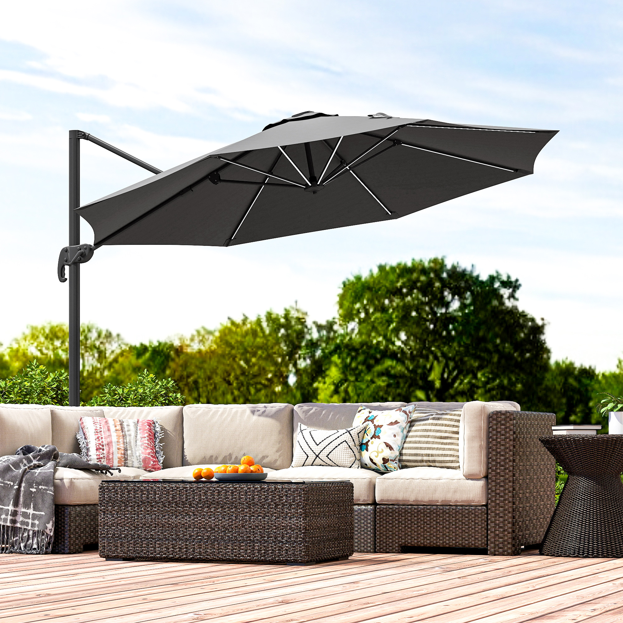 Outsunny Ombrellone Da Giardino Con Luci LED Solari – 292x252 Cm, Inclinabile 45°, Manovella, Impermeabile, Senza Base - 3