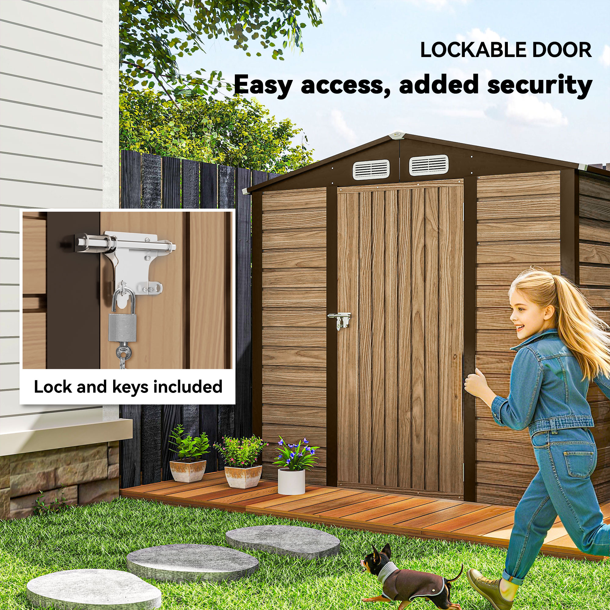 Outsunny 4 x 6ft Galvanised Steel Garden Shed, with Lock and Gloves Oak 6