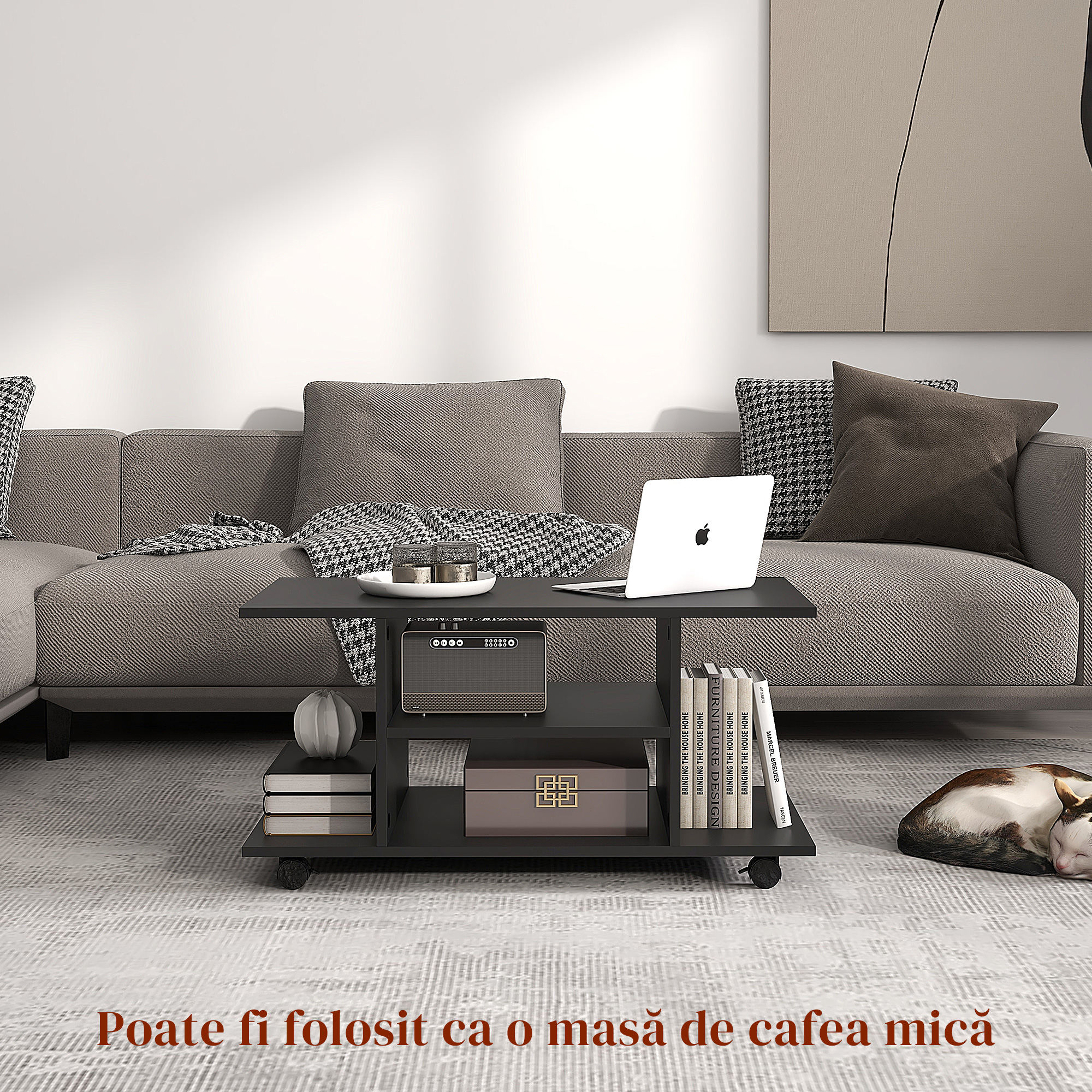  Mobilier Pentru Tv in Lemn cu Roti, Negru,40x40x80cm [5]