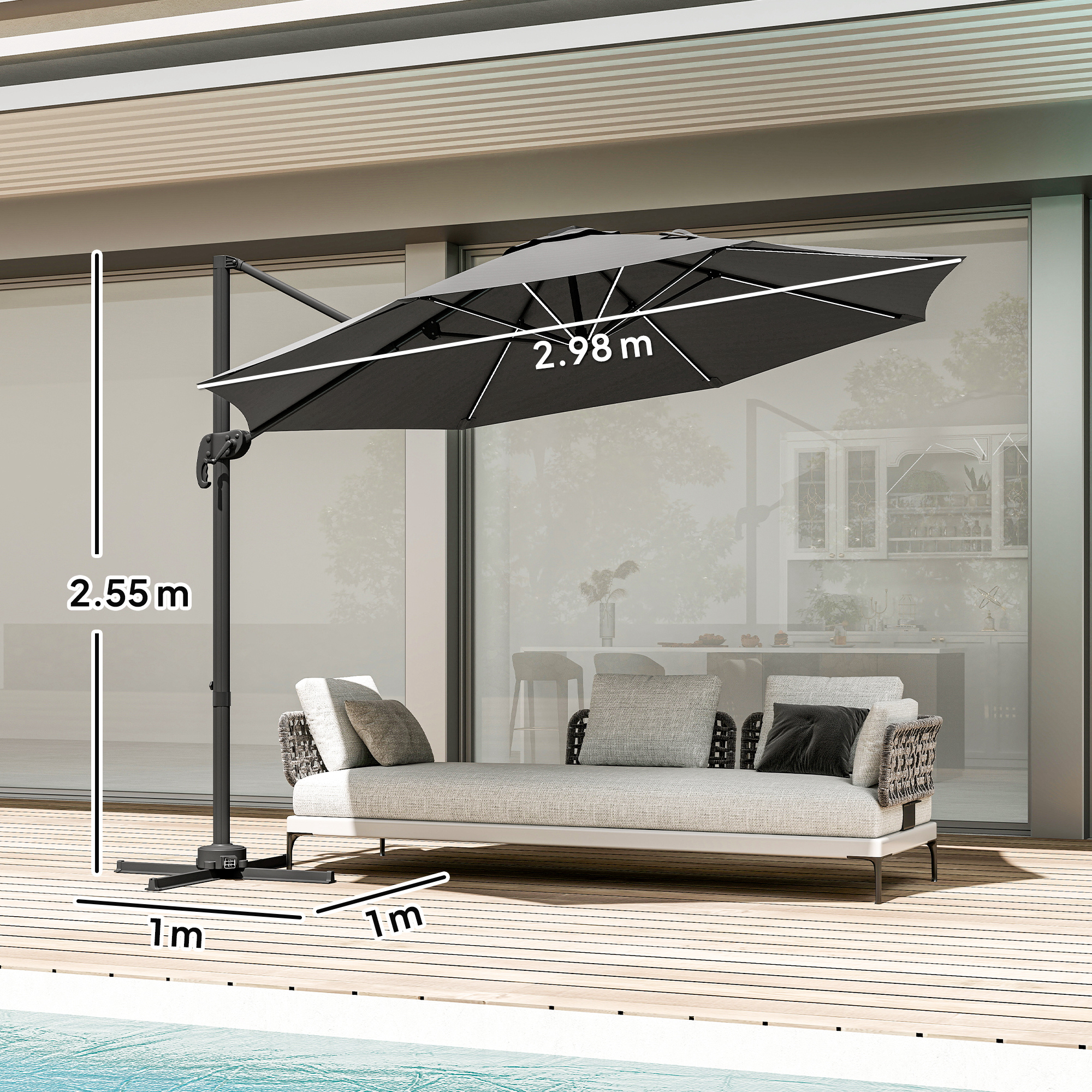 Outsunny Ombrellone Da Giardino Con Luci LED Solari – Diametro 292 Cm, Inclinabile Fino A 45° – Color Crema, Senza Base – Ideale Per Terrazza E Piscina