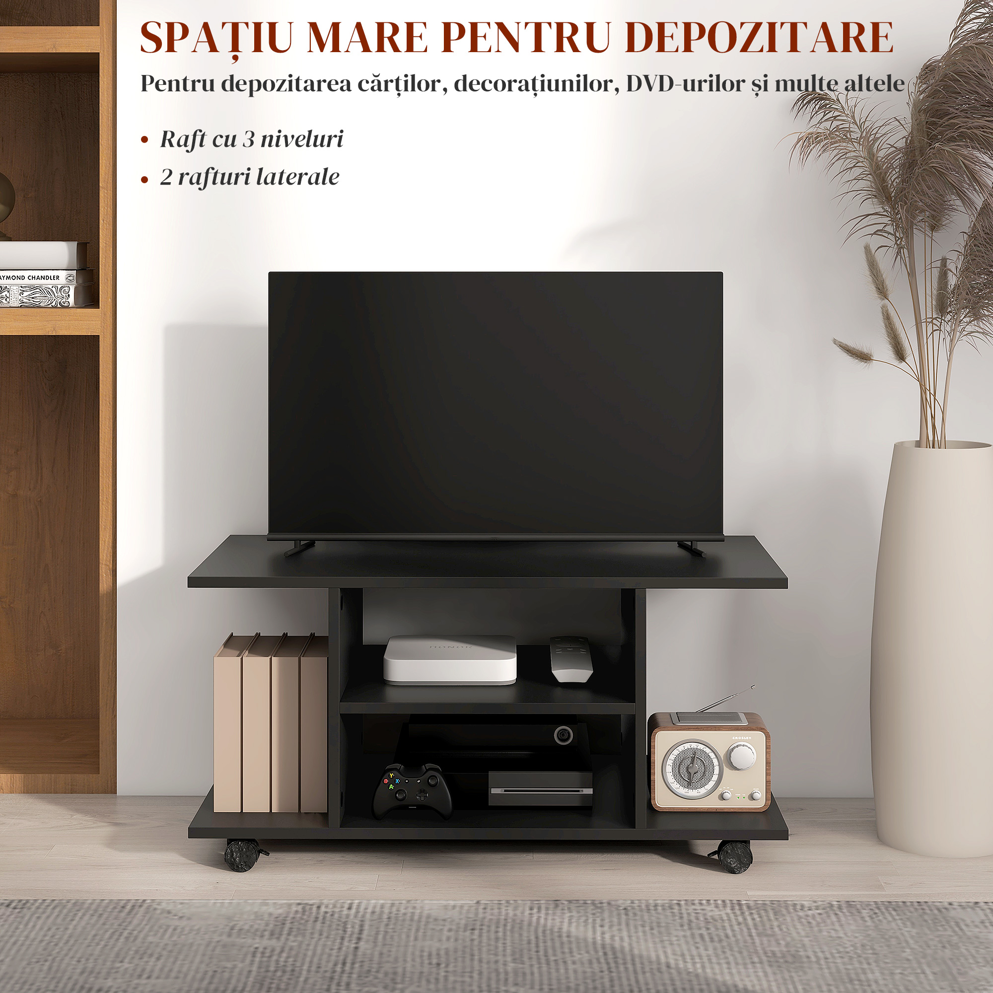  Mobilier Pentru Tv in Lemn cu Roti, Negru,40x40x80cm [3]