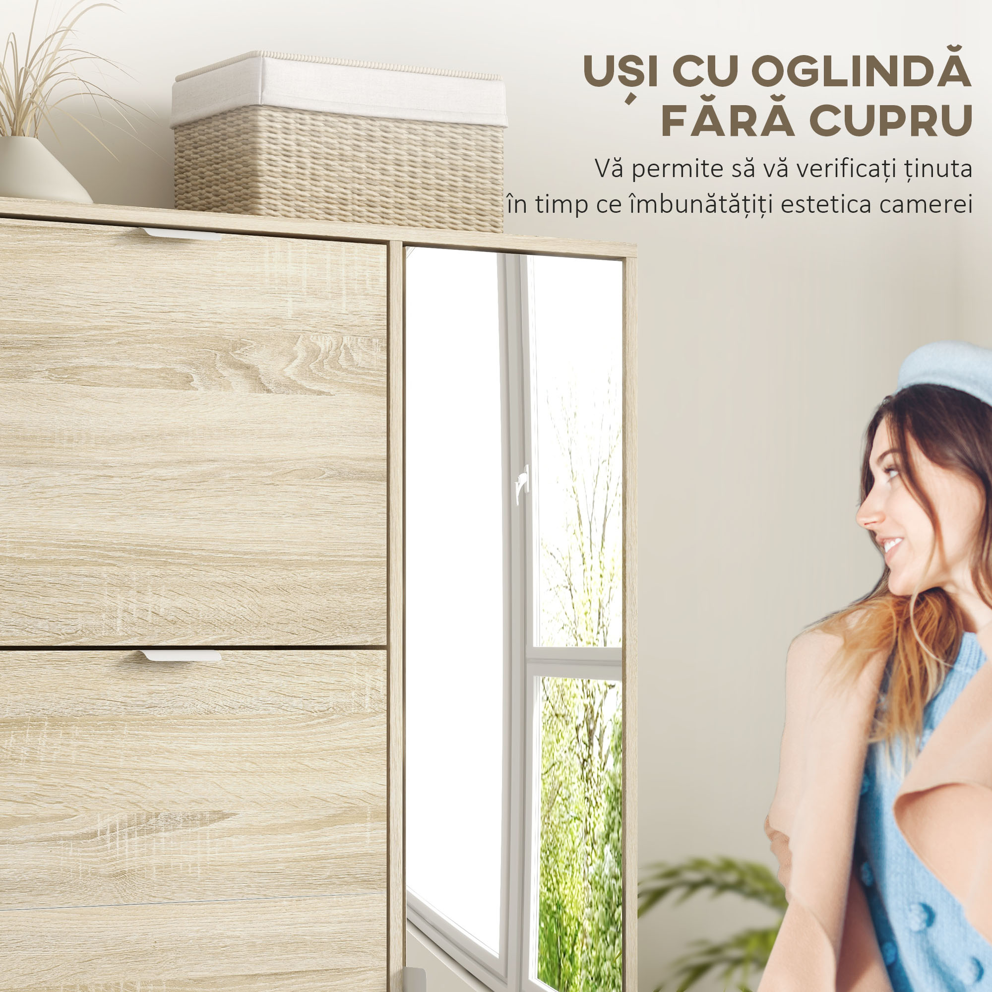 Etajera pentru Pantofi cu Oglinda, 4 Sertare Rabatabile si 2 Dulapuri, 82x30x168 cm, Culoare Stejar [3]