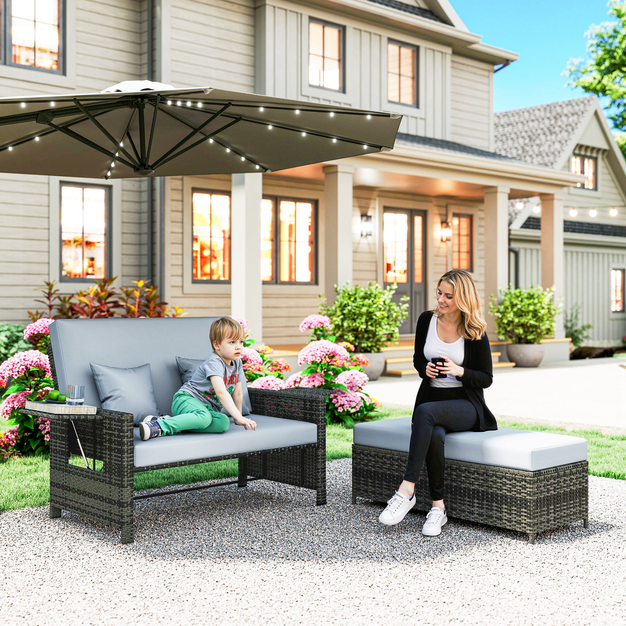 Outsunny Polyrattan Lounge-Sofa 2-Sitzer Gartensofa mit Kissen & Hocker, Ga günstig online kaufen