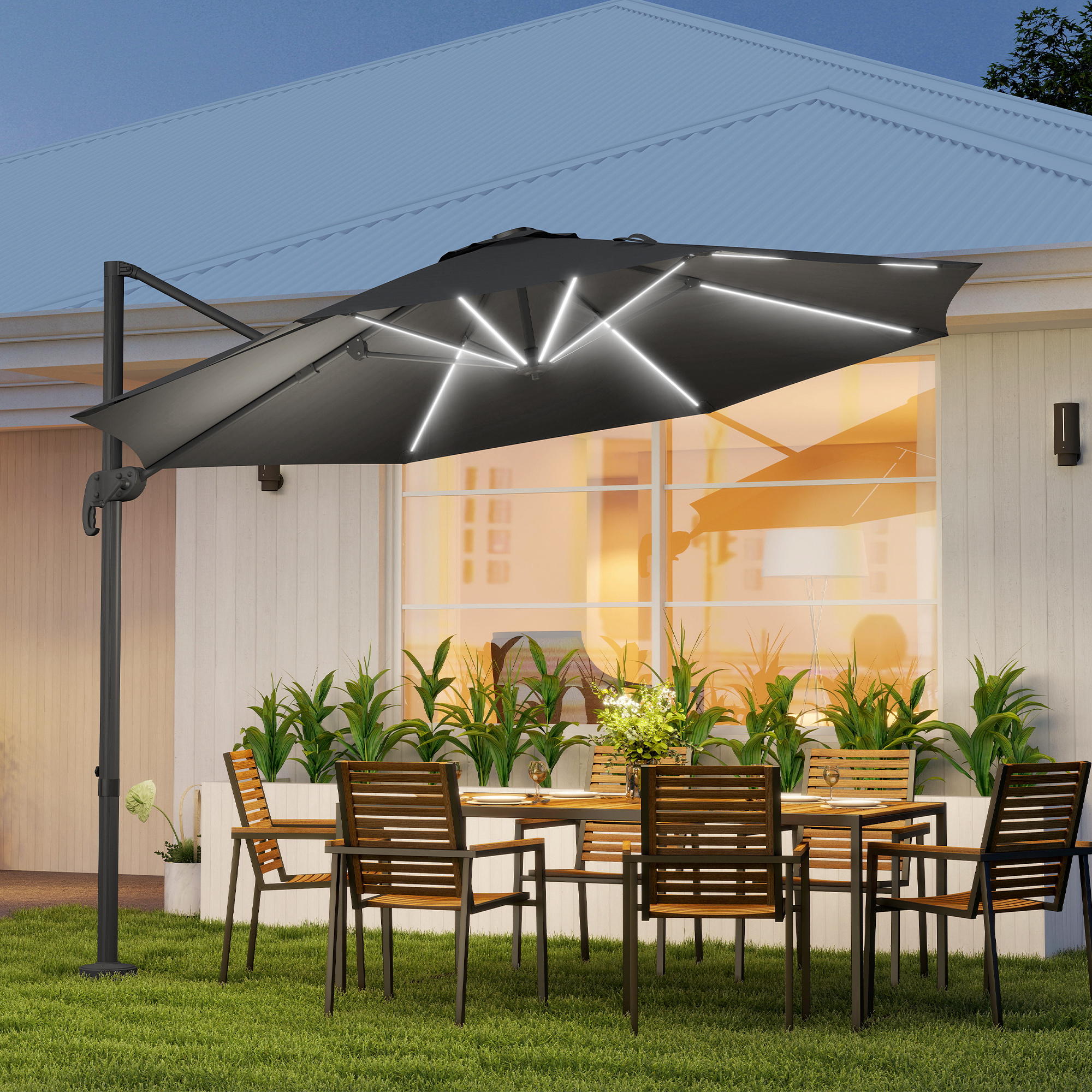 Outsunny Ombrellone Da Giardino Con Luci LED Solari – Diametro 292 Cm, Inclinabile Fino A 45° – Color Crema, Senza Base – Ideale Per Terrazza E Piscina
