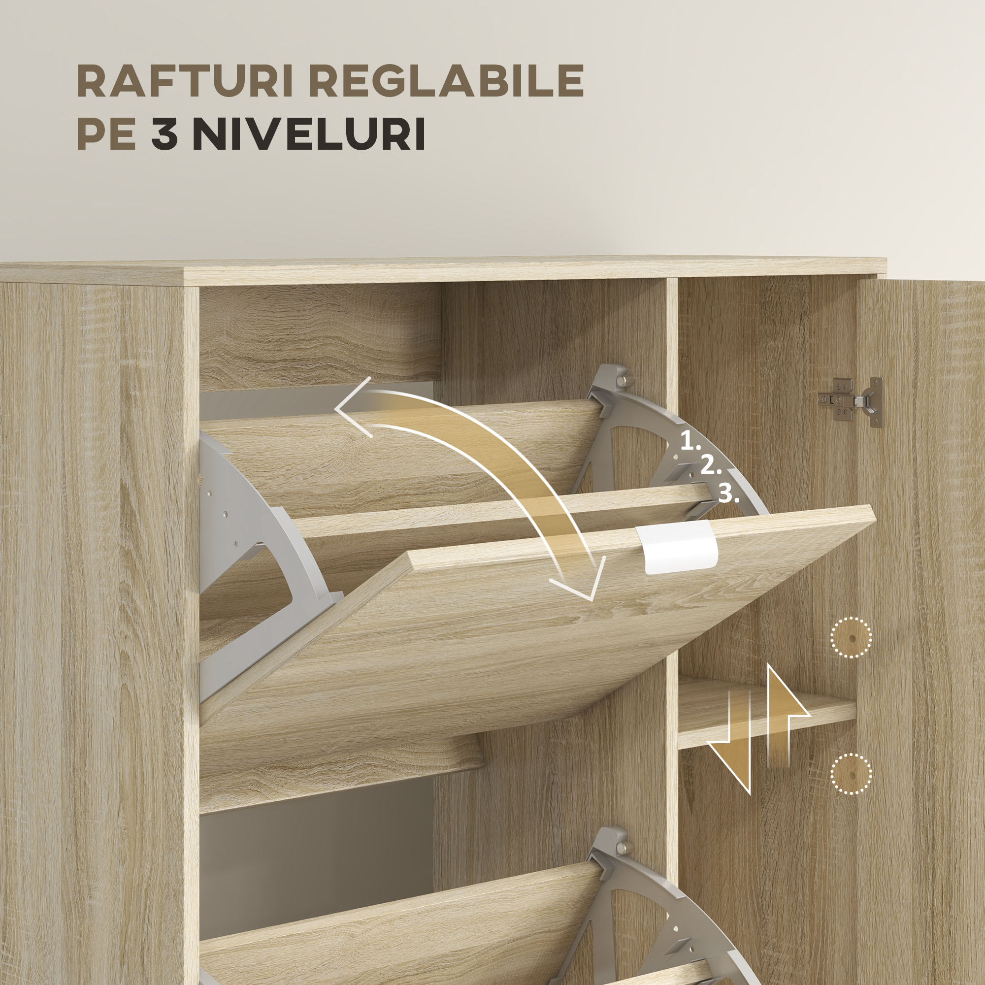  Etajera pentru Pantofi cu Oglinda, 4 Sertare Rabatabile si 2 Dulapuri, 82x30x168 cm, Culoare Stejar [5]