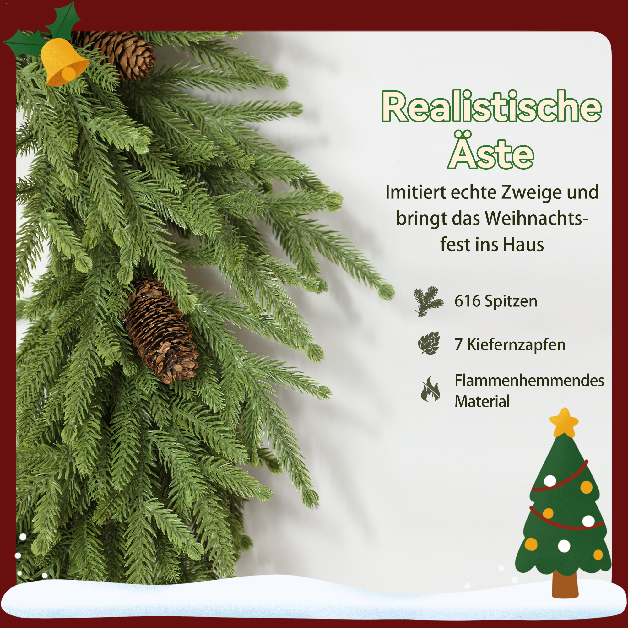 HOMCOM 1,9M kunstkerstslinger bloemdecoratie met dennenappels bessen kerstslinger spar voor trappen haard PE groen 190 x 12 x 8 cm