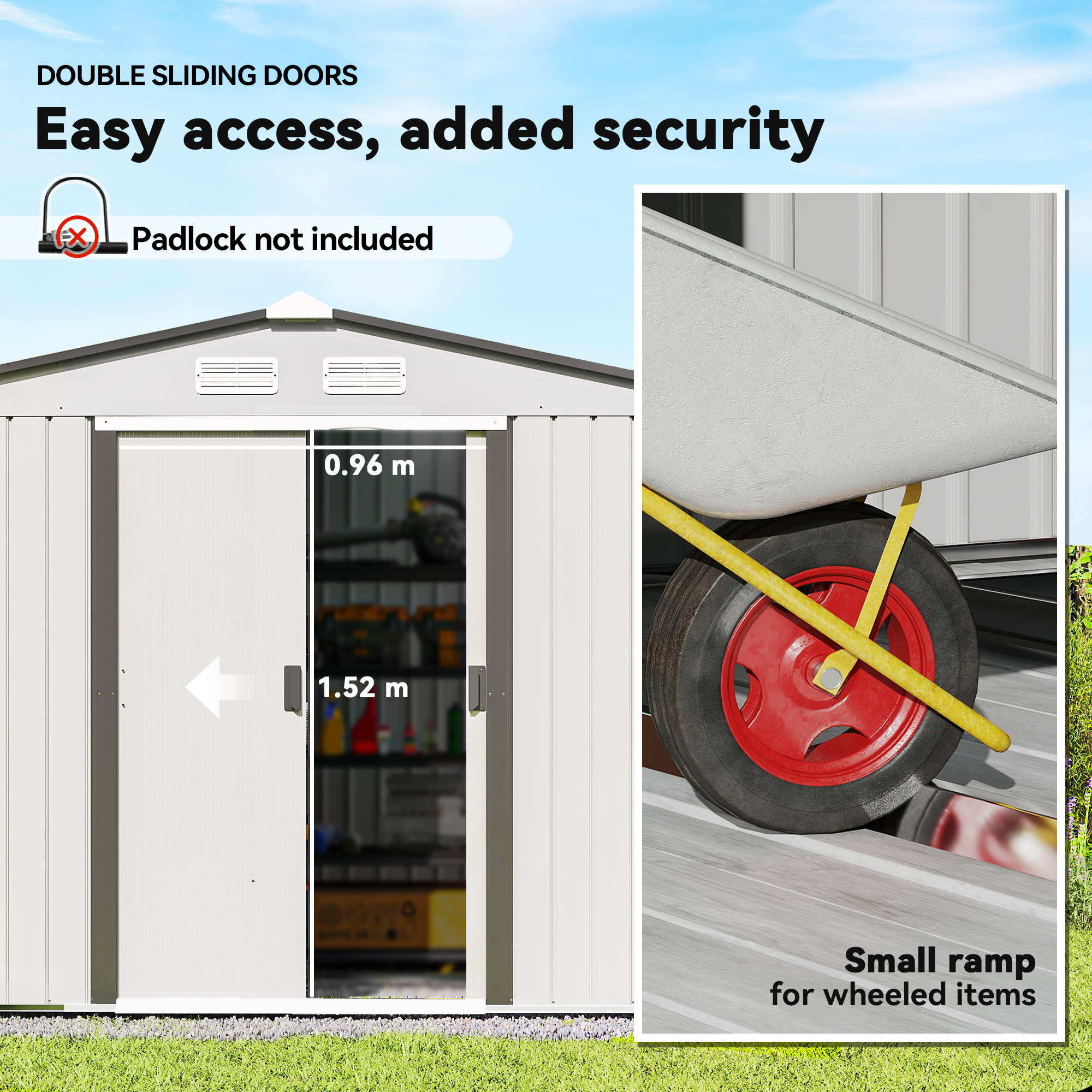 Outsunny Metal Bike Shed, Mobility Scooter Shed House with Foundation Kit, Ventilation, Doors, 9 x 6FT, Silver 5