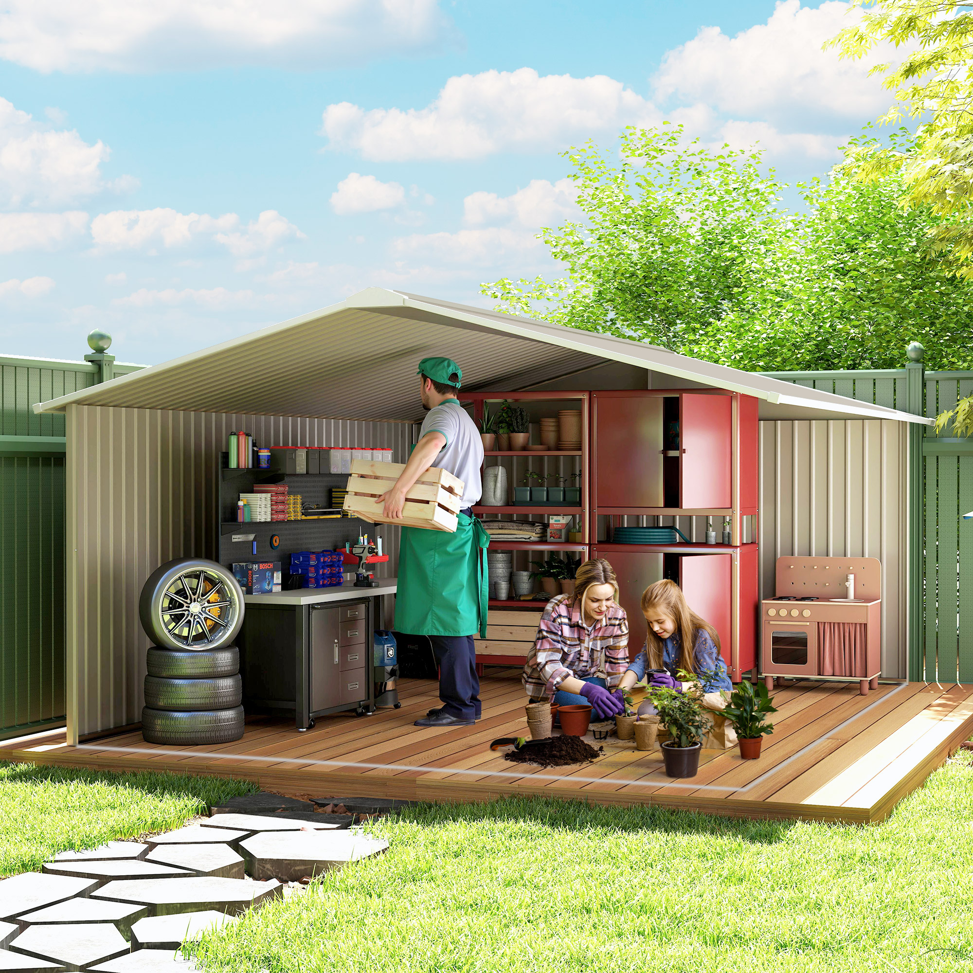 Outsunny 13 x 11ft Large Garden Shed, Mental Garden Storage Shed with Foundation Kit Ventilation & Doors, Light Grey 9