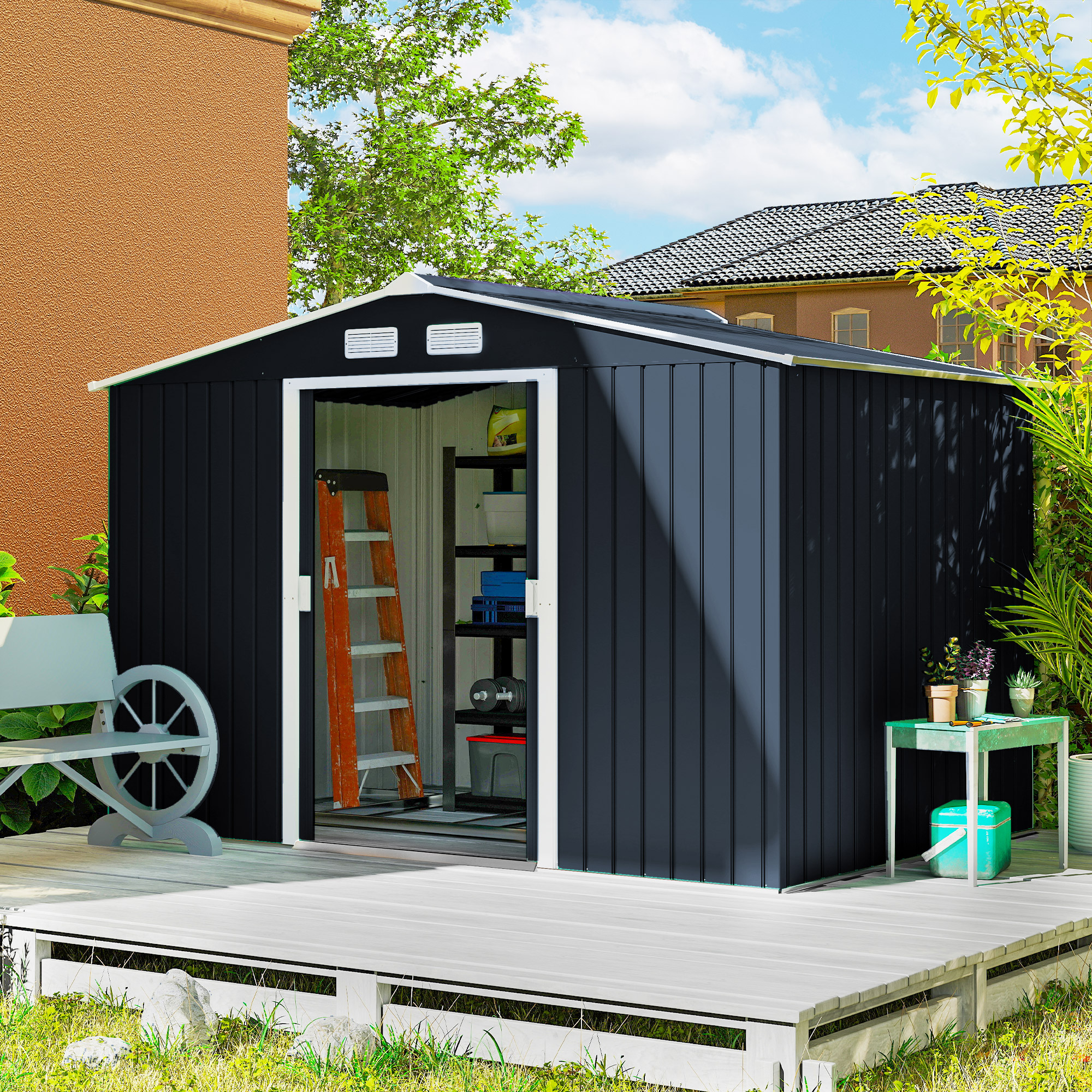 Outsunny 9 x 6ft Metal Bicycle Shed, Outdoor Storage Tool House with Ventilation Slots, Foundation Kit and Lockable Double Doors, Dark Grey 2