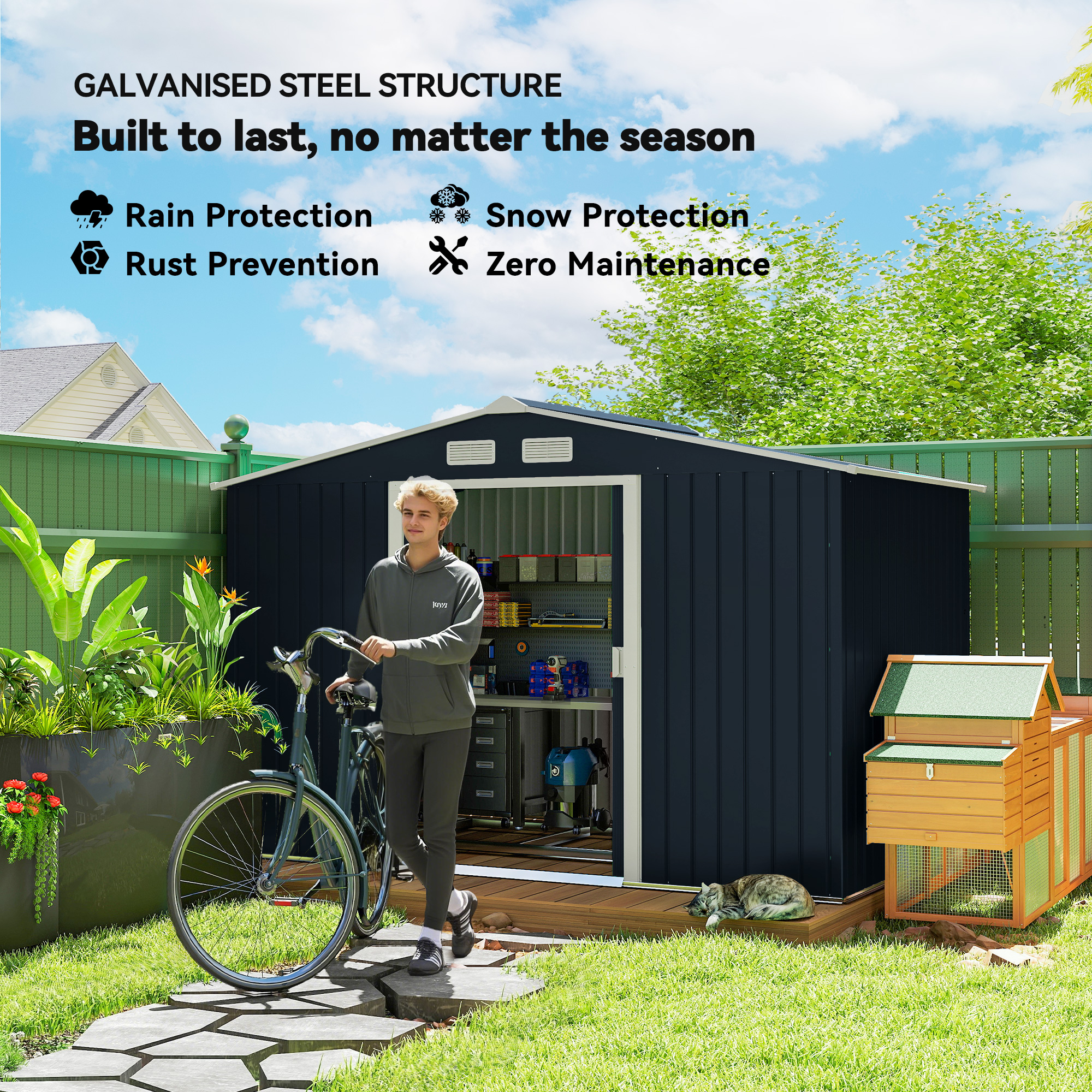 Outsunny 9 x 6ft Metal Bicycle Shed, Outdoor Storage Tool House with Ventilation Slots, Foundation Kit and Lockable Double Doors, Dark Grey 4