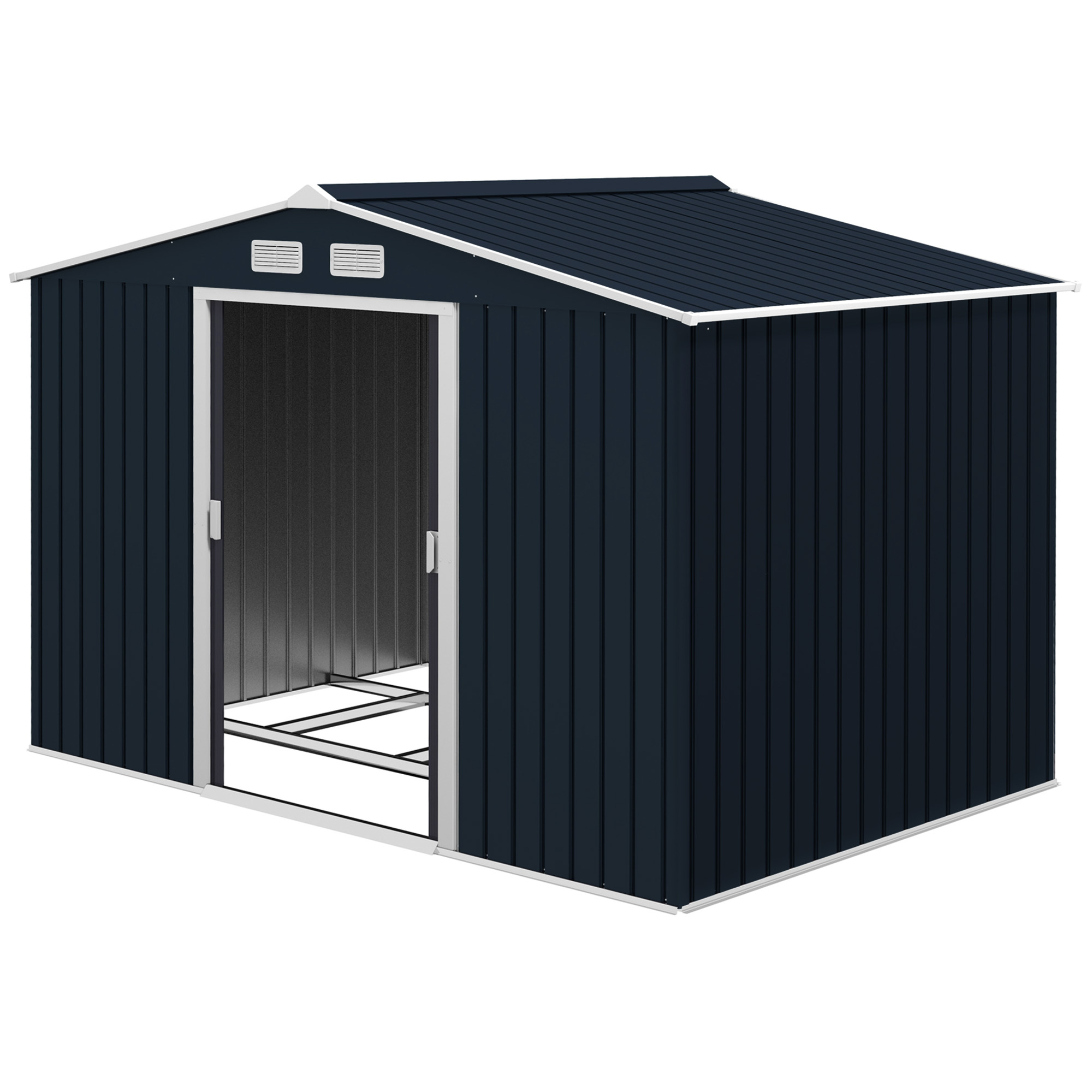 Outsunny 9 x 6ft Metal Bicycle Shed, Outdoor Storage Tool House with Ventilation Slots, Foundation Kit and Lockable Double Doors, Dark Grey Outsunny 9 x 6ft Metal Bicycle Shed, Outdoor Storage Tool House with Ventilation Slots, Foundation Kit and Lockable Double Doors, Dark Grey