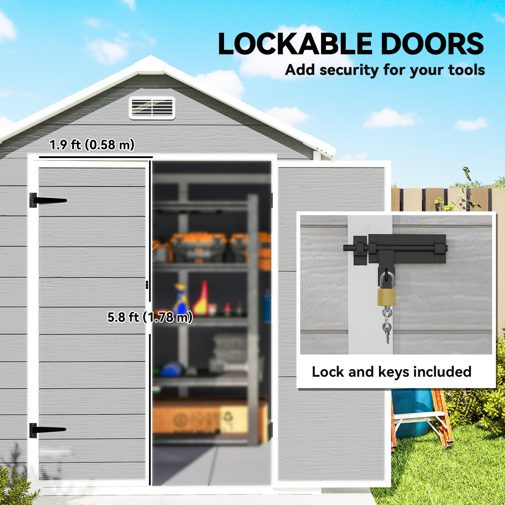 Outsunny 6 x 5ft Garden Shed, Plastic Shed with Floor, Window, Lockable Doors and Vents, Wood Effect Resin Tool Shed for Outdoor Patio, Dark Grey 8