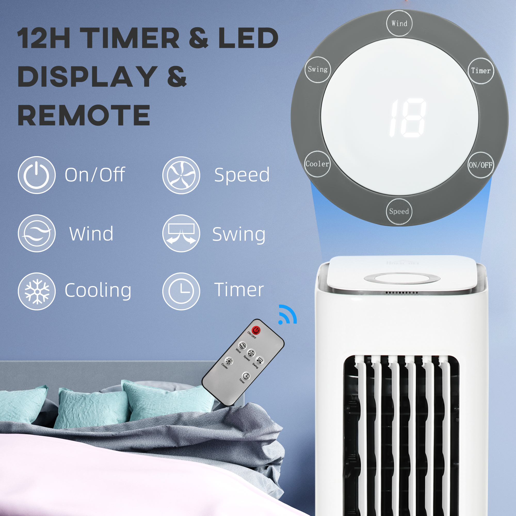 HOMCOM Evaporative Air Cooler, 5L Water Tank Oscillating Ice Cooling Fan with 3 Modes, 3 Speeds, Remote Control, Timer, and Oscillation, White 9