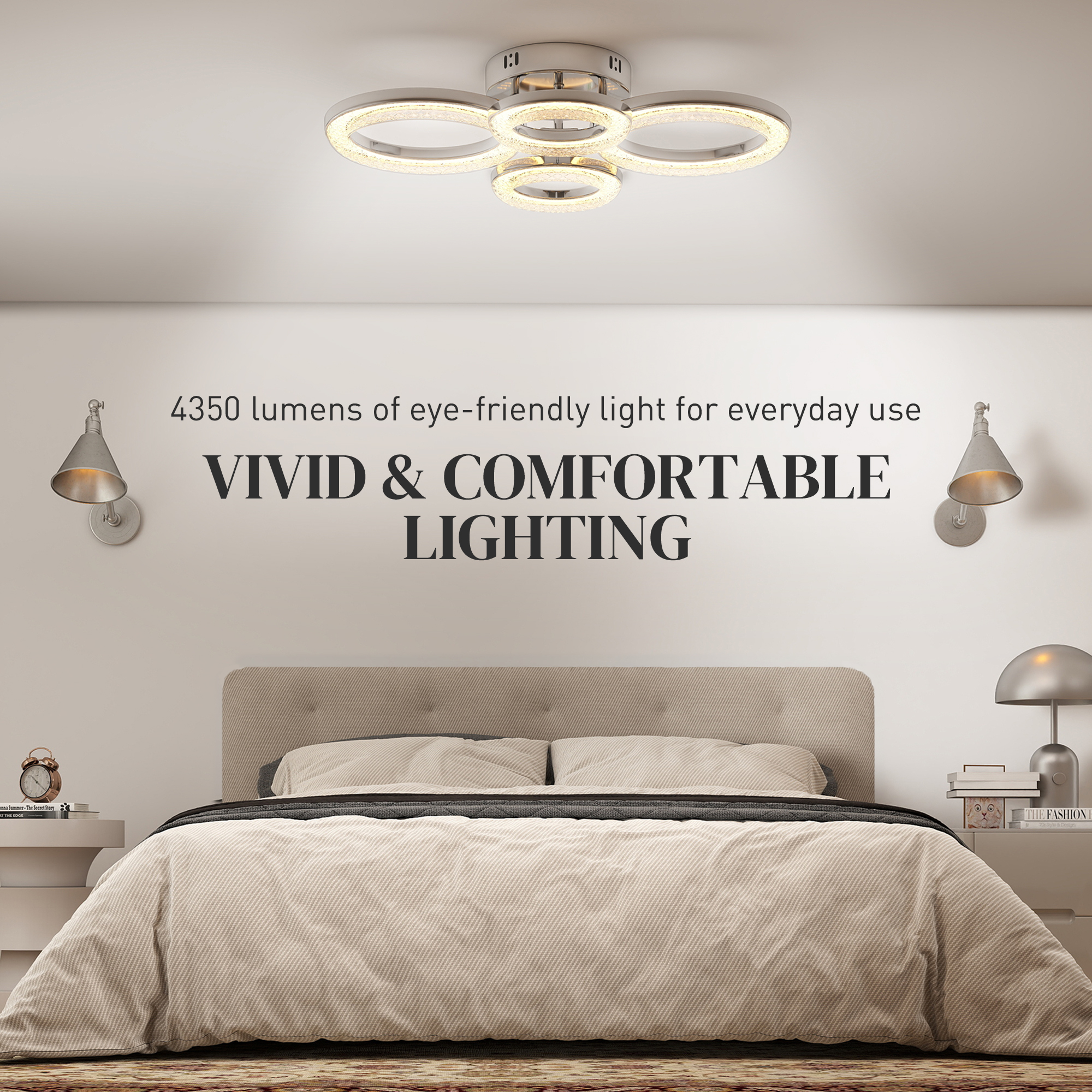 HOMCOM LED Ceiling Light, Modern 4 Rings Ceiling Lamp with Wall Switch Control, 40W 4350lm Flush Mount Ceiling Light with 3500K/4500K/6000K Colour Temperatures for Living Room, Bedroom, Silver Tone 5