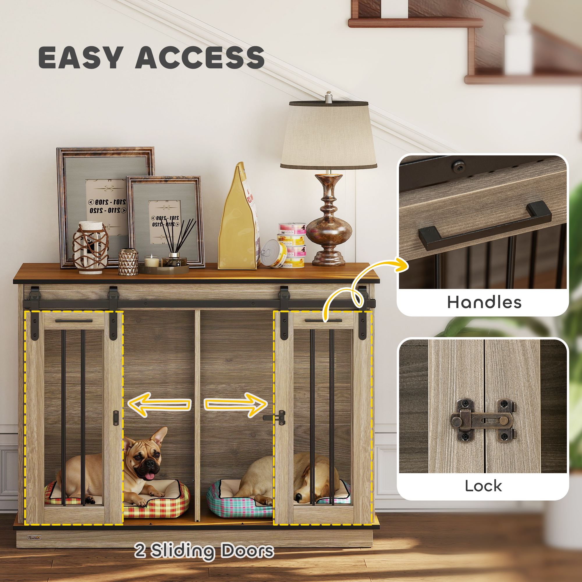 PawHut Dog Crate Furniture for Large Dogs, Double Dog Cage for Small Dogs, with Sliding Doors Oak Tone 6