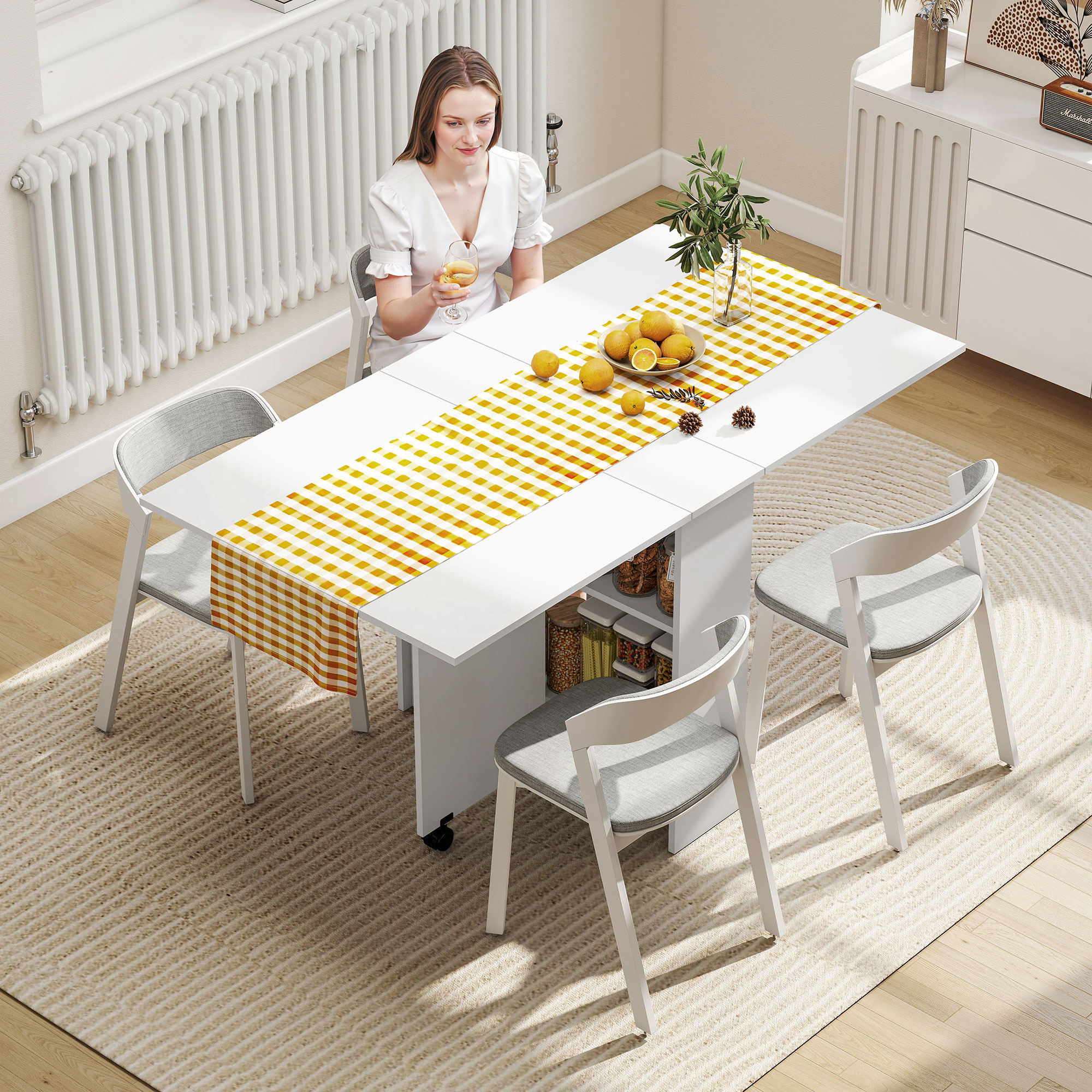 HOMCOM Folding Dining Table, Drop Leaf Table with 2-Tier Shelves, Rolling Casters, for Small Spaces, Kitchen, White 2