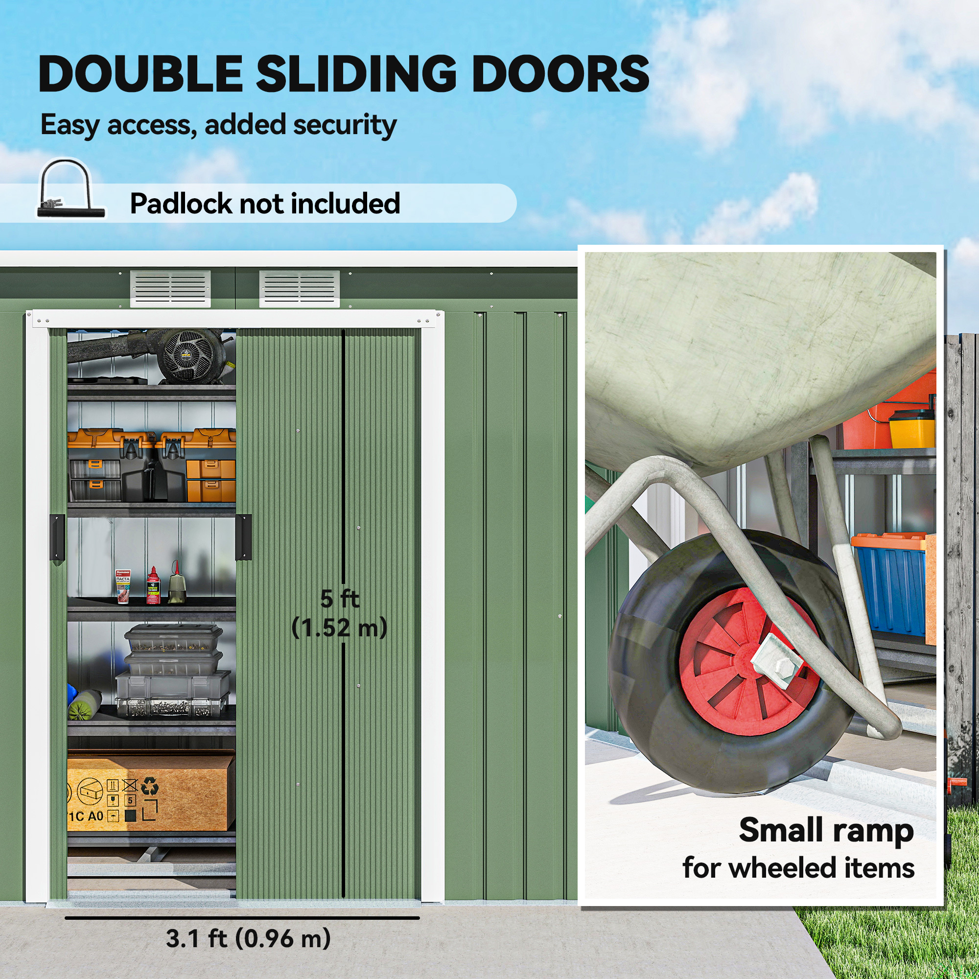 Outsunny 9ft x 4ft Metal Garden Shed, Outdoor Tool House with Foundation Kit, Ventilations and Double Doors, Light Green 5