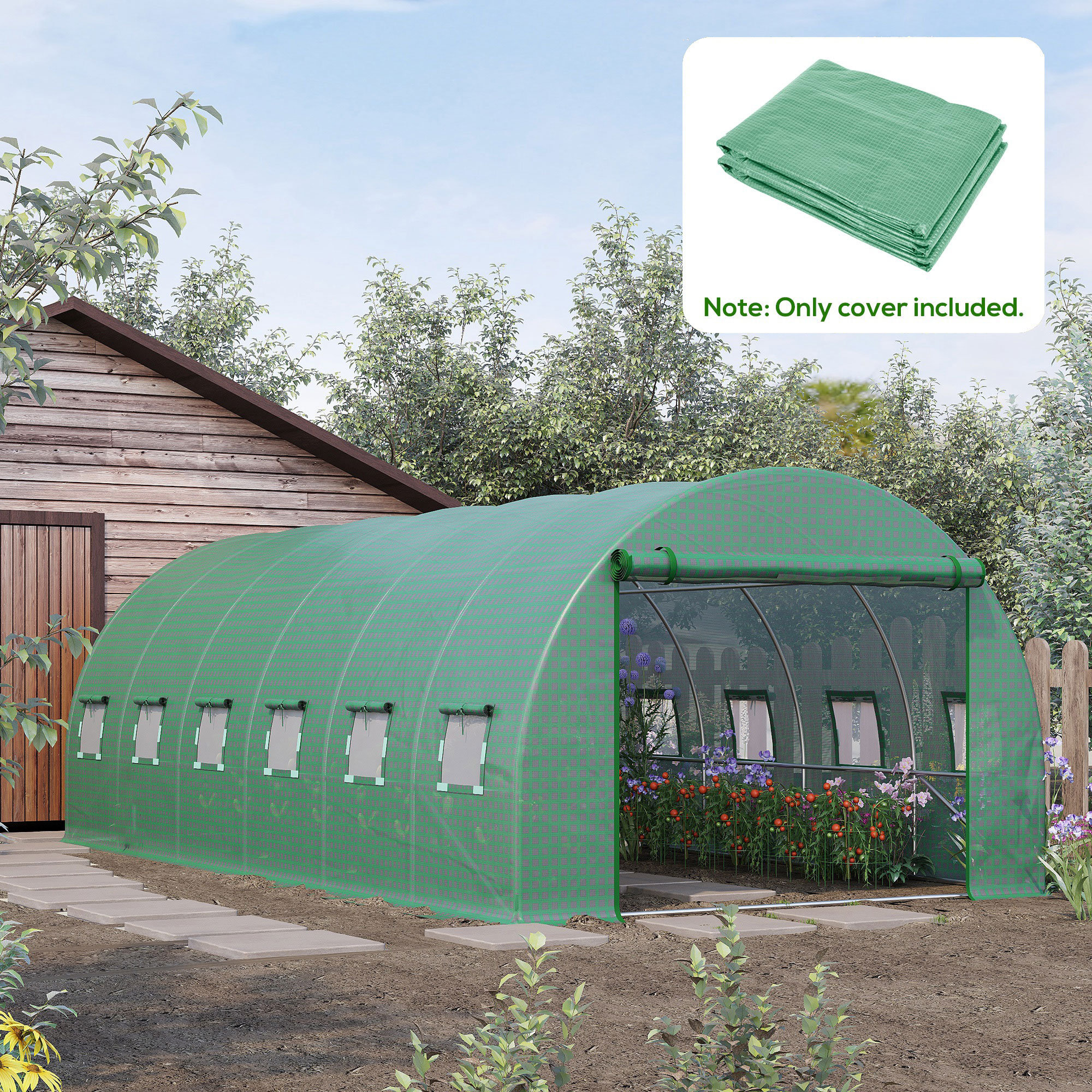 Outsunny 6 x 3 x 2m Greenhouse Replacement Cover ONLY Winter Garden Plant PE Cover for Tunnel Walk-in Greenhouse with Roll-up Windows Door Outdoor, Green 2