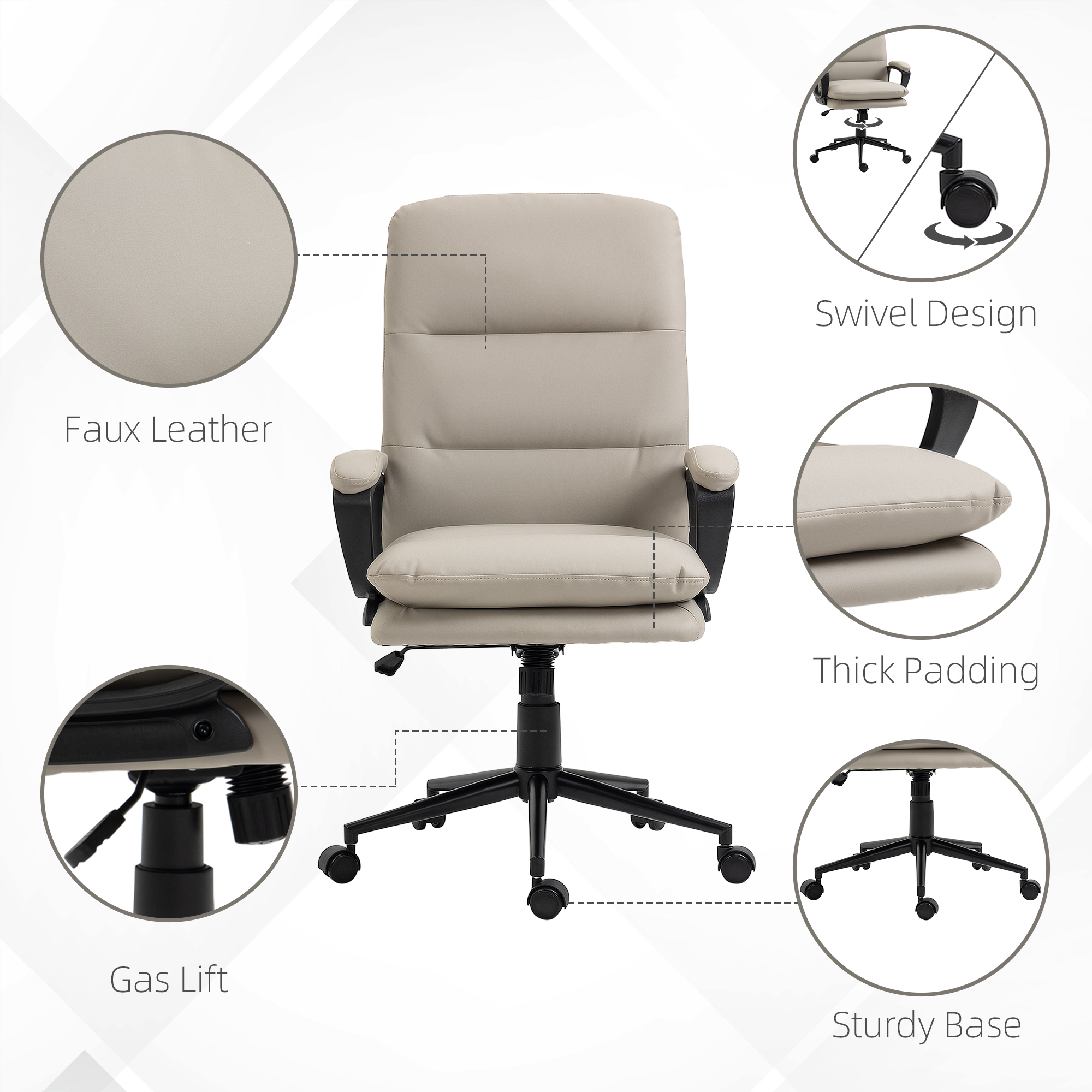 Vinsetto Office Chair, PU Leather Computer Desk Chair Office Chair with Adjustable Height and Swivel Rolling Wheels for Work Study, Light Grey 4