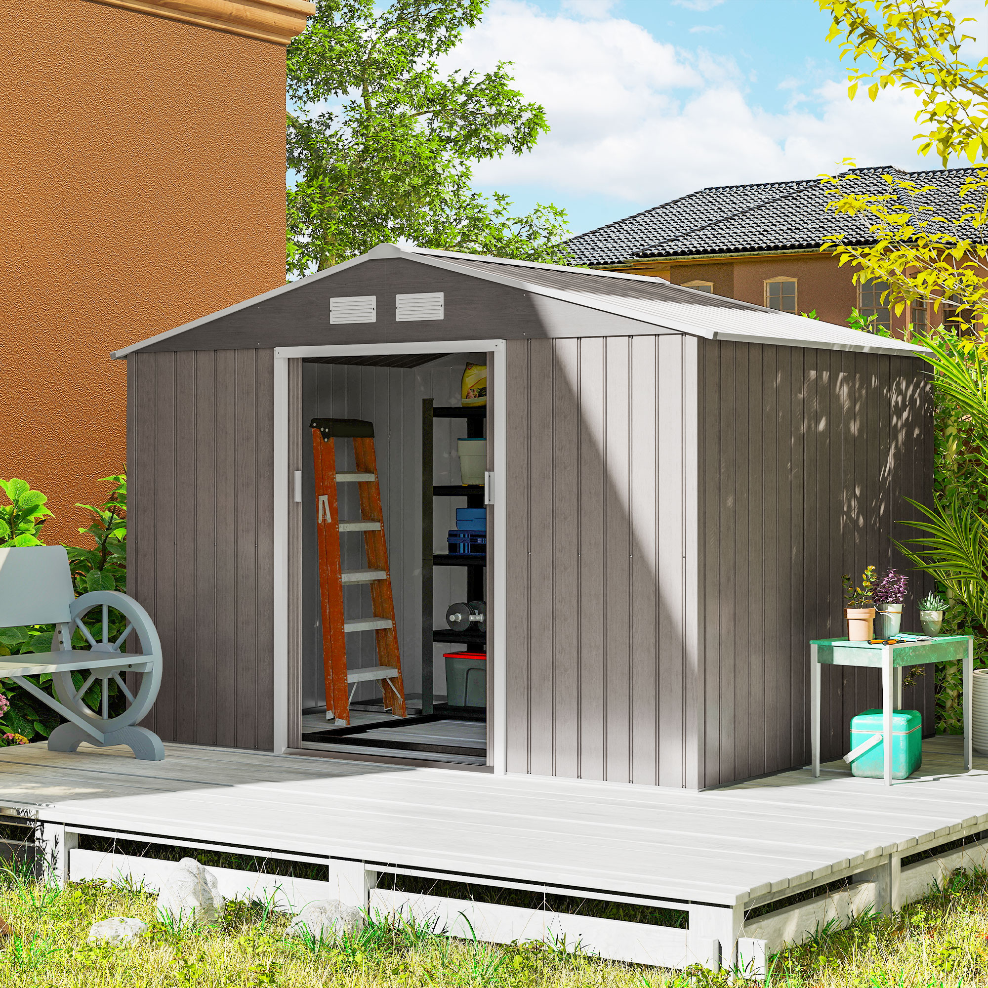 Outsunny 9 x 6ft Steel Garden Shed, Outdoor Storage Tool House with Vents, Foundation and Lockable Double Doors, Brown 2