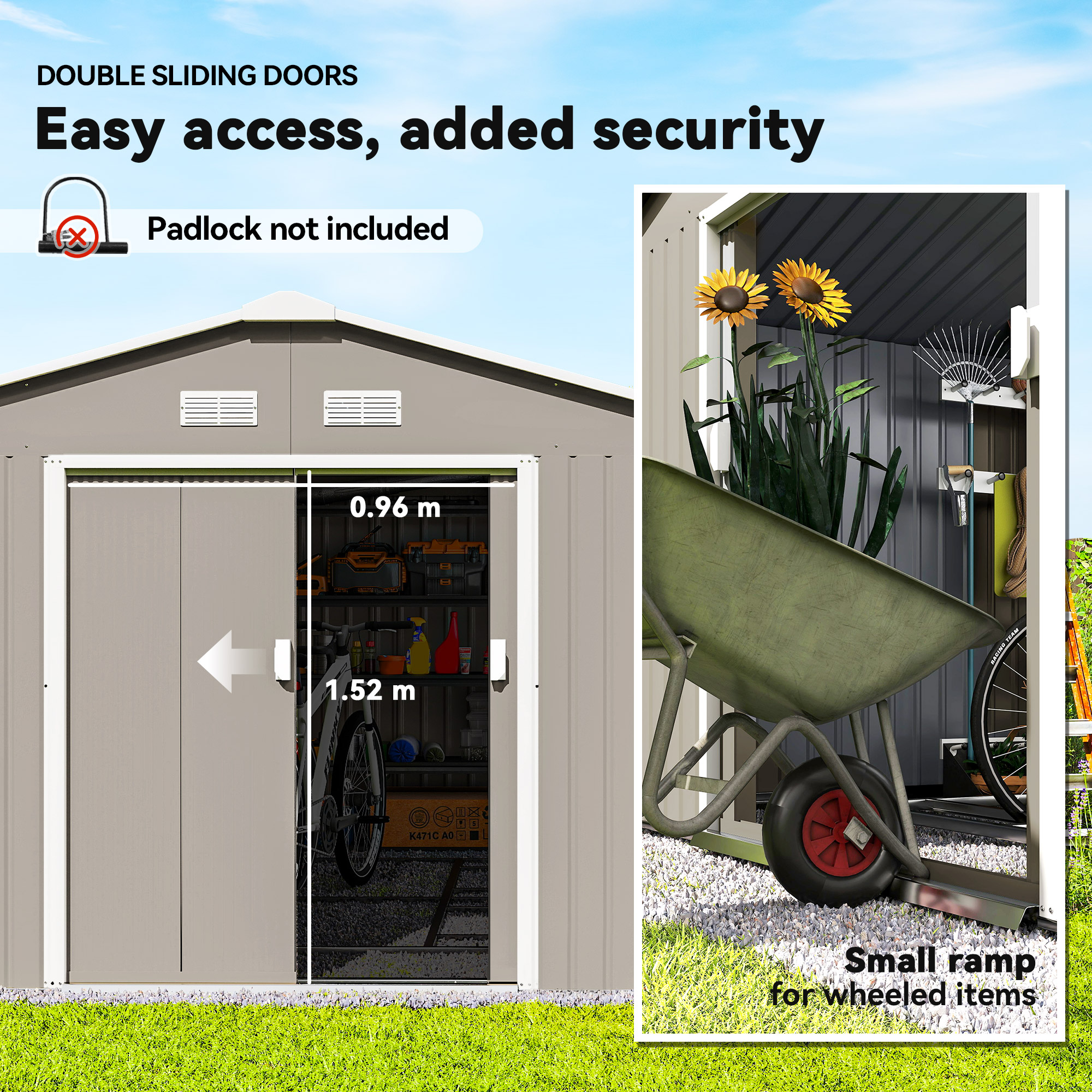 Outsunny 13 x 11ft Large Garden Shed, Mental Garden Storage Shed with Foundation Kit Ventilation & Doors, Light Grey 5