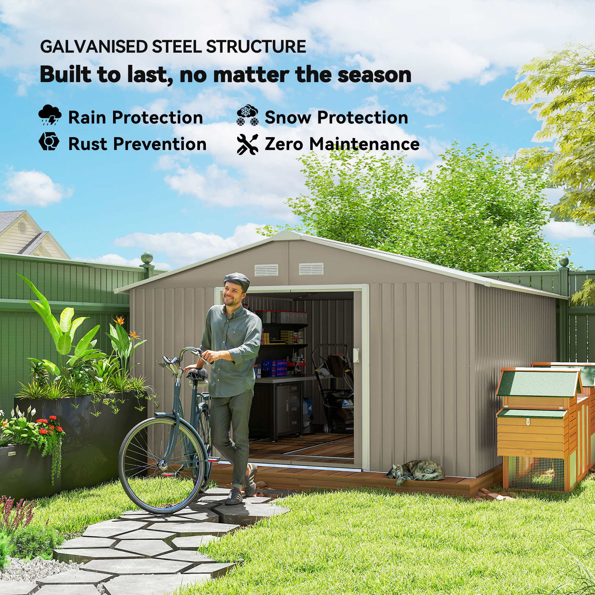 Outsunny 13 x 11ft Large Garden Shed, Mental Garden Storage Shed with Foundation Kit Ventilation & Doors, Light Grey 4