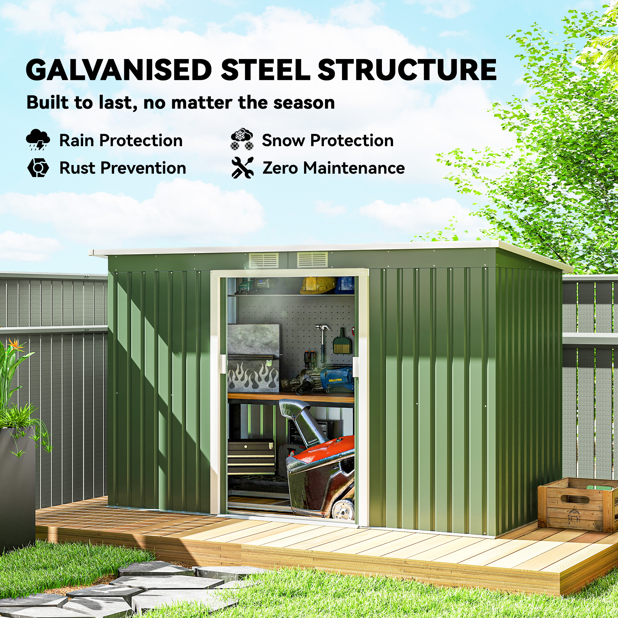 Outsunny 9ft x 4ft Metal Garden Shed, Outdoor Tool House with Foundation Kit, Ventilations and Double Doors, Light Green 4