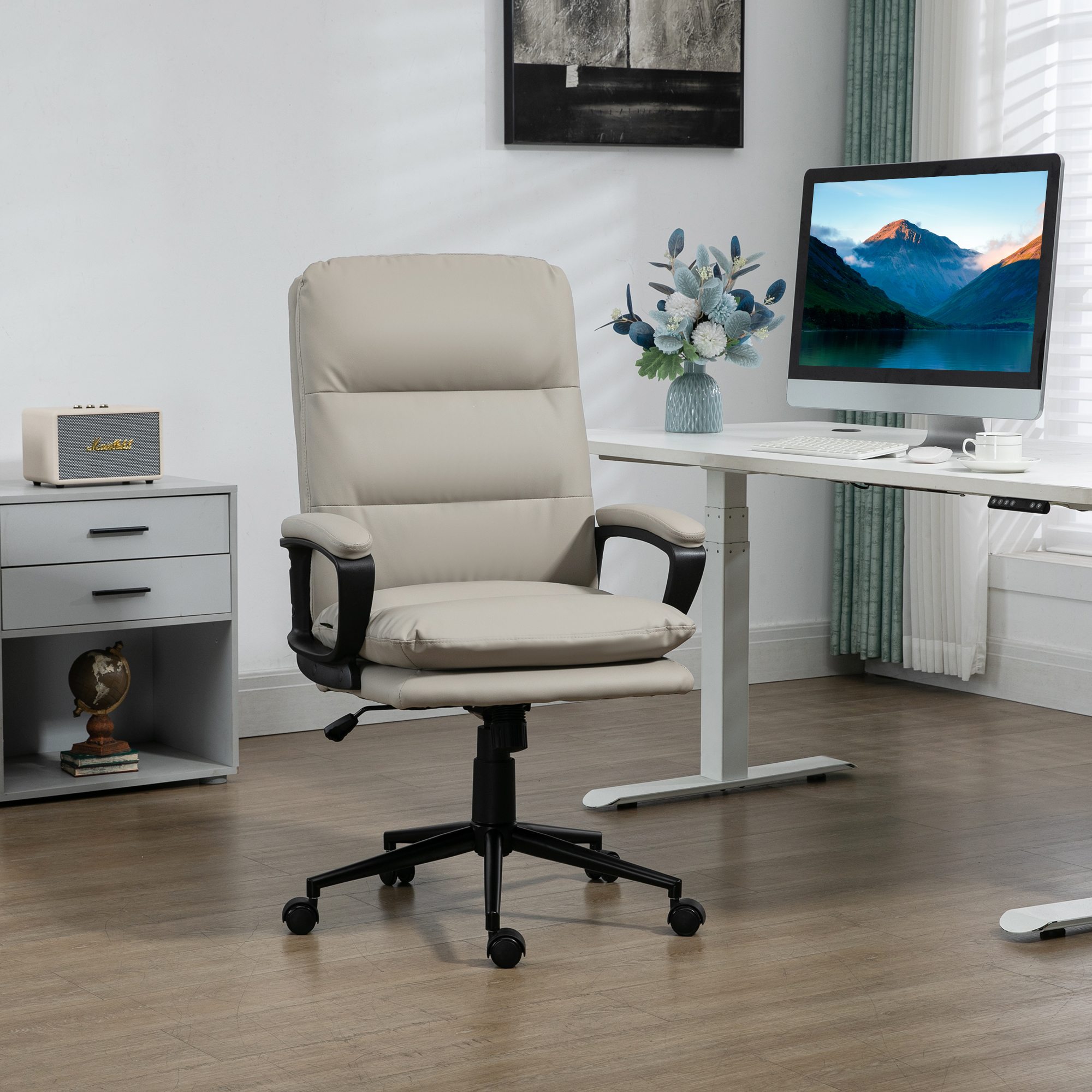 Vinsetto Office Chair, PU Leather Computer Desk Chair Office Chair with Adjustable Height and Swivel Rolling Wheels for Work Study, Light Grey 2