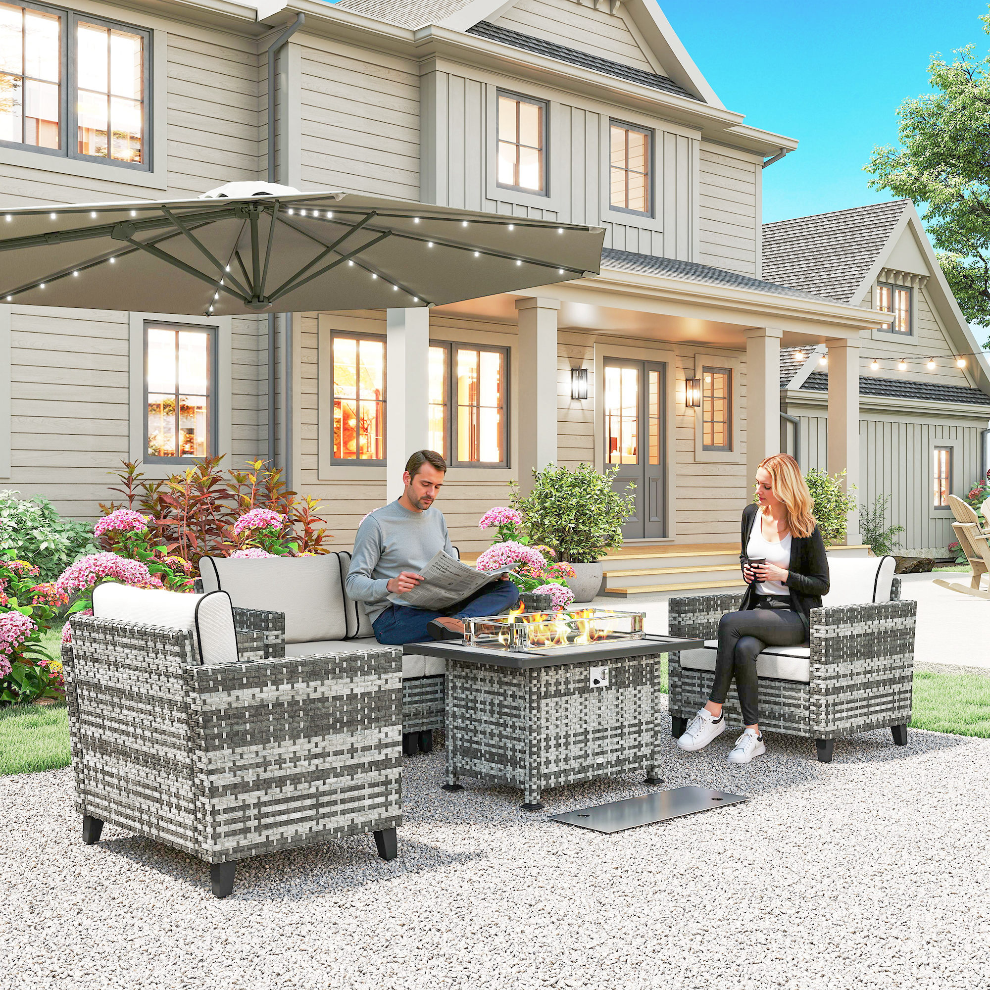 Outsunny 5-Piece Rattan Patio Furniture Set with Gas Fire Pit Table, Loveseat Sofa, Armchairs, Cushions, Pillows, Grey 2