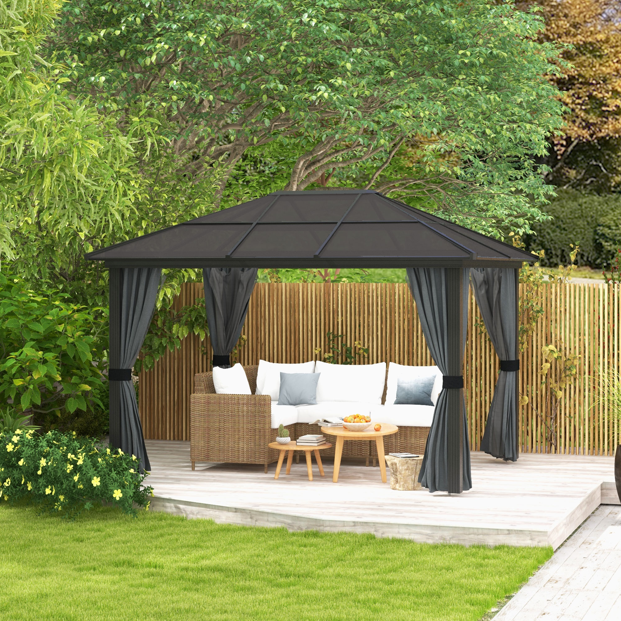 Outsunny 3 x 3.6m Hardtop Gazebo Canopy with Polycarbonate Roof, Aluminium Frame, Permanent Pavilion Garden Gazebo with Netting and Curtains for Patio, Deck, Dark Grey 2