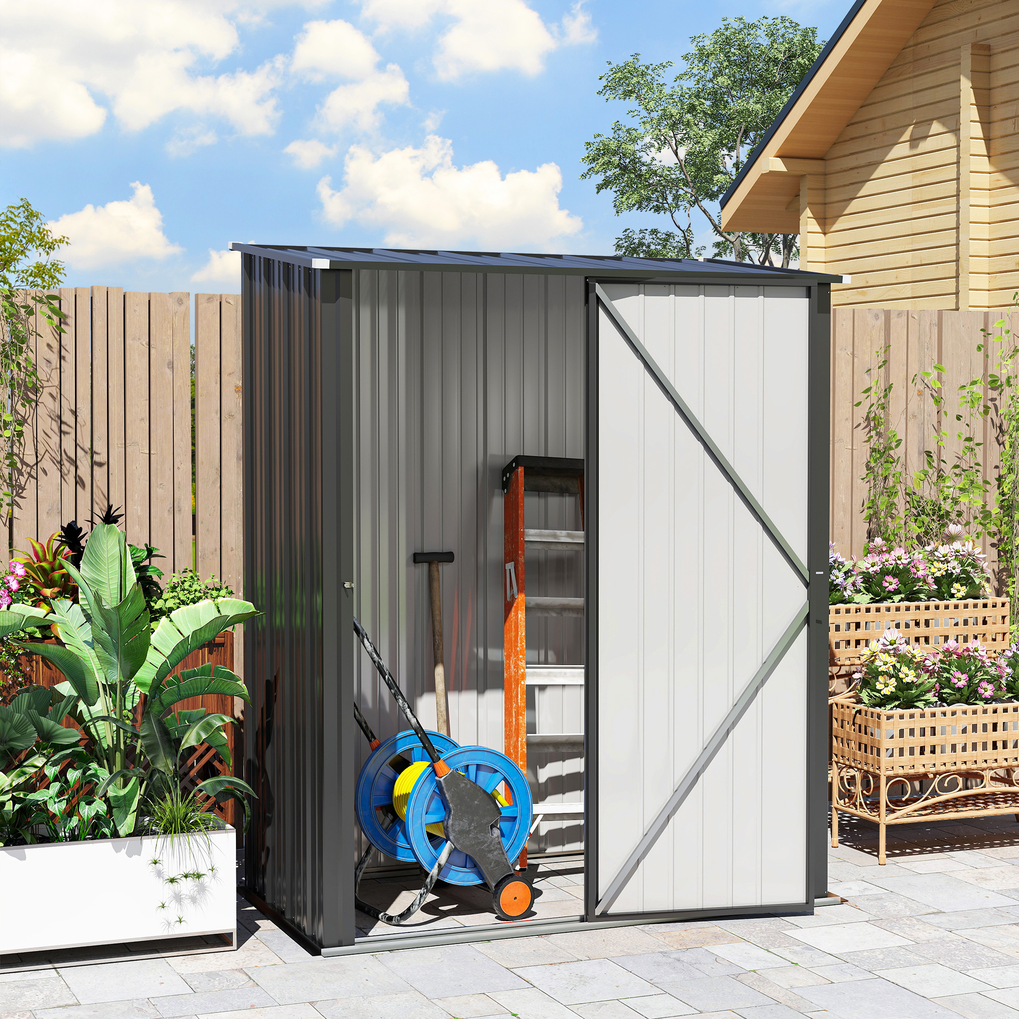Outsunny 5.3 x 3.1ft Corrugated Steel Garden Shed Black 9