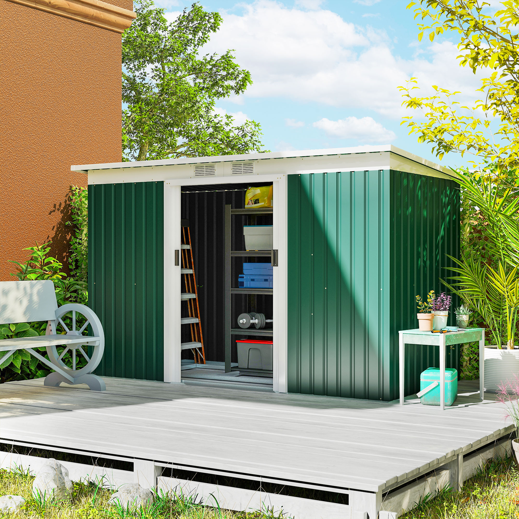 Outsunny 9ft x 4ft Metal Garden Shed, Outdoor Tool House with Foundation Kit, Ventilations and Double Doors, Deep Green 2